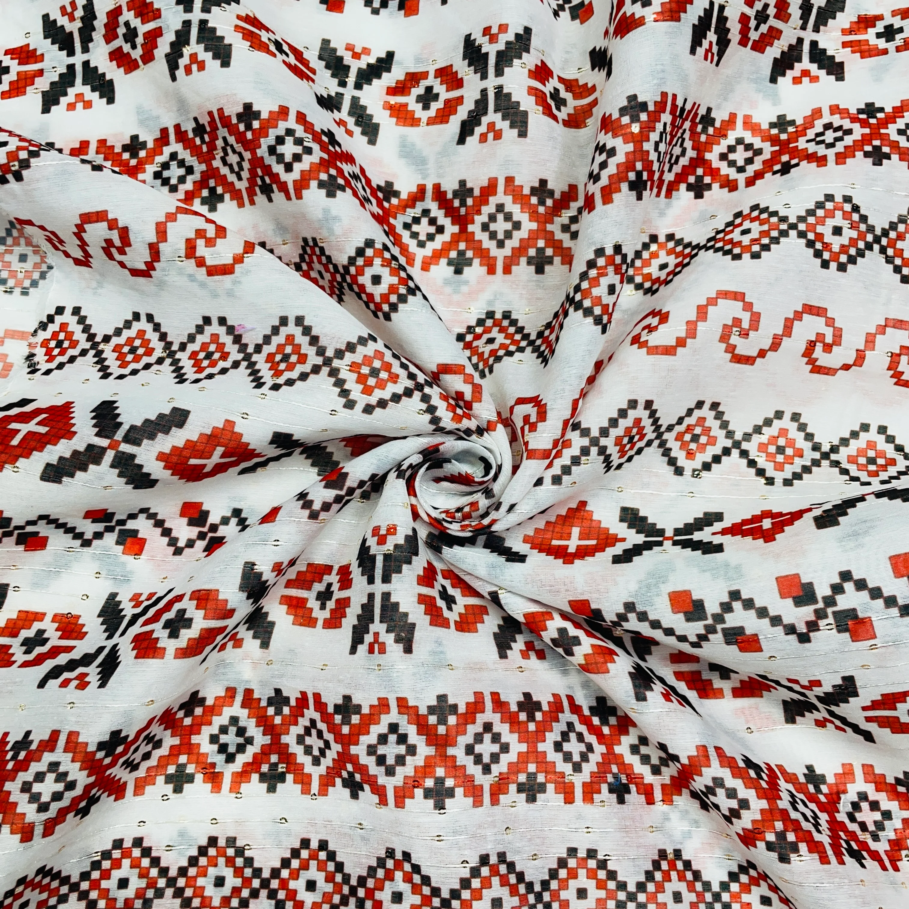 White & Multicolor Geometerical Sequins Chanderi Fabric