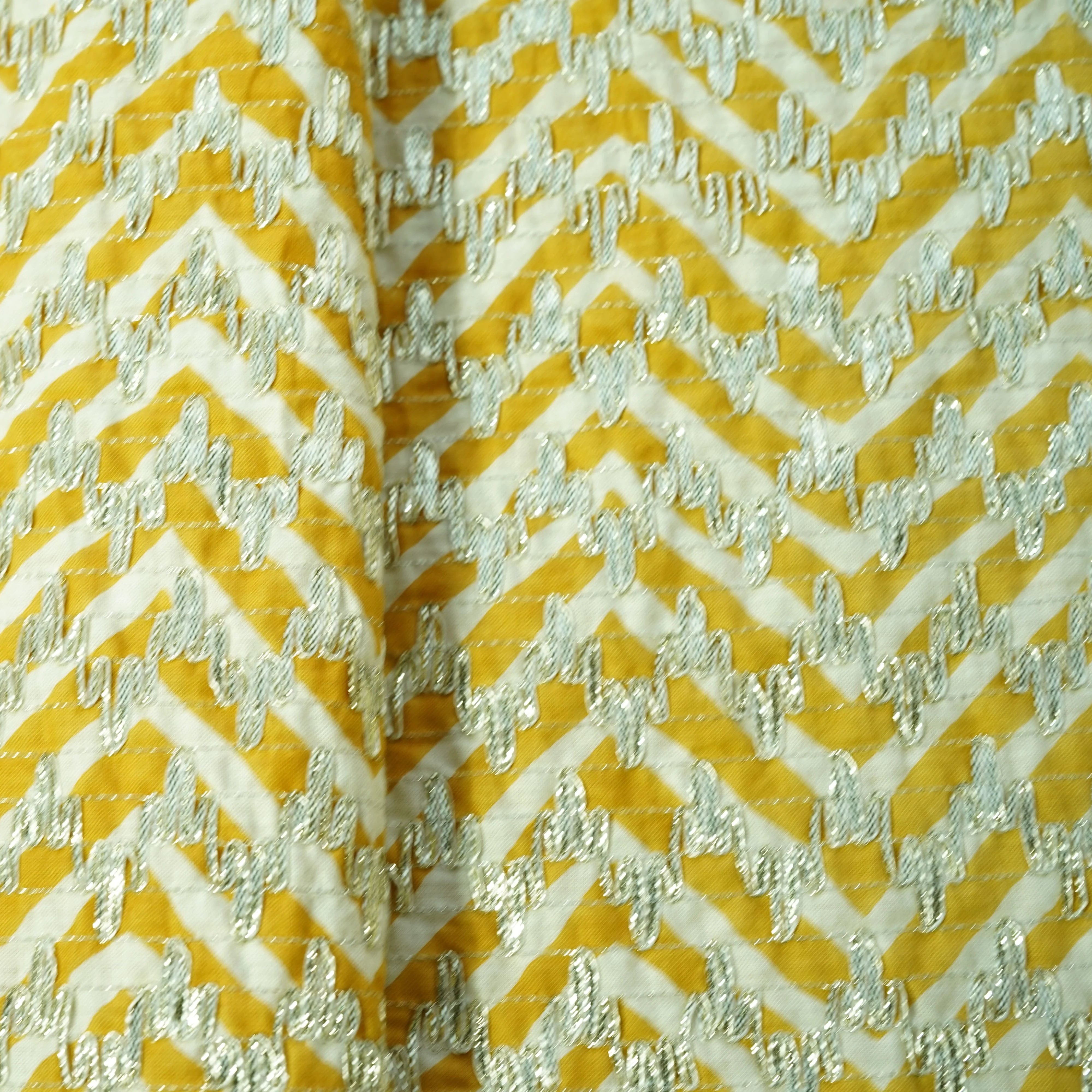 White Mustard Yellow Chevron Print Gota Work Cambric Cotton - Image 2