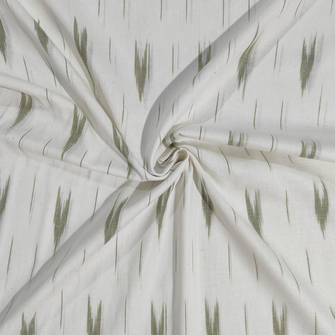 White Olive Green Ikkat Print Cotton Fabric