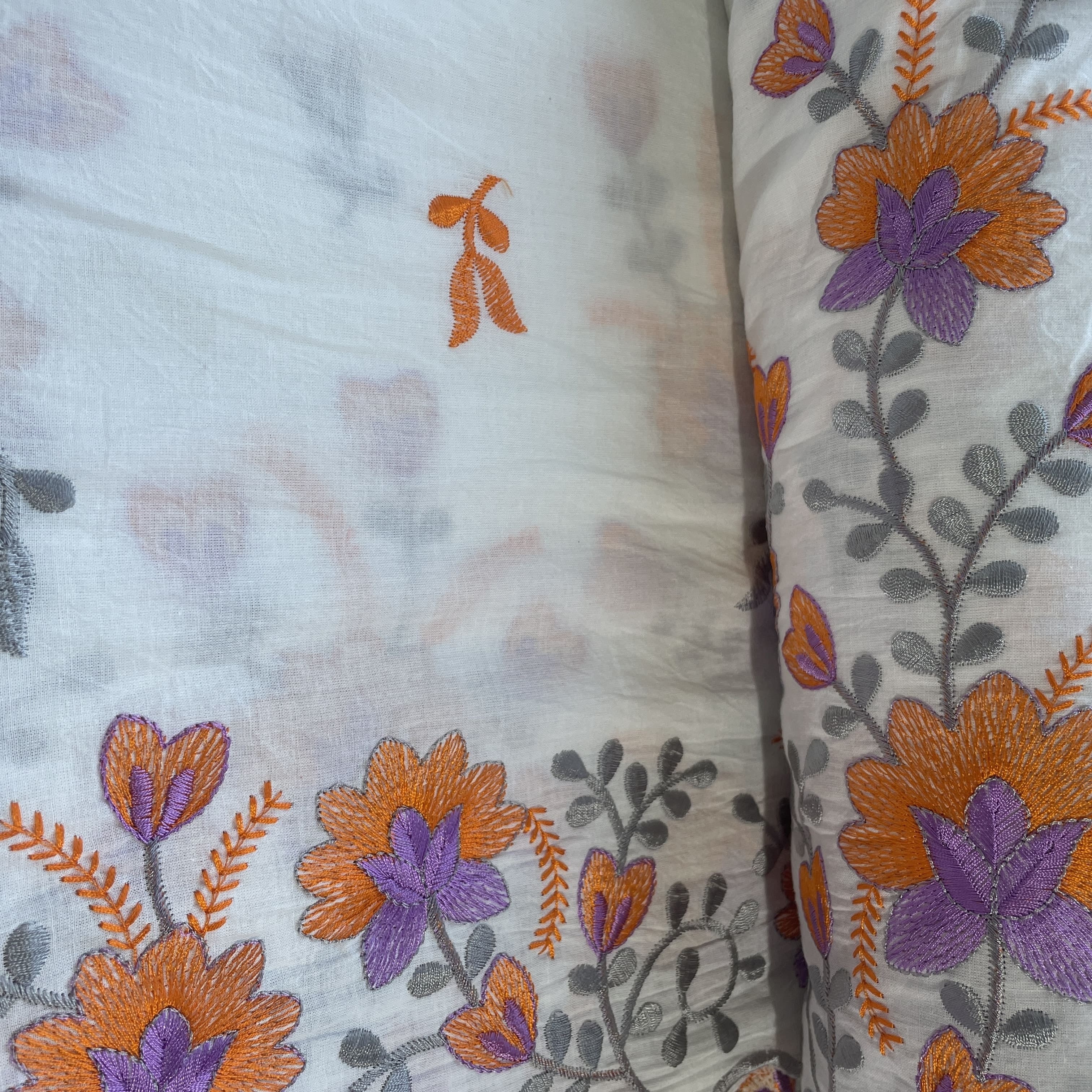 White & Orange Floral Thread Embroidery Cotton Fabric 11694 - Image 3