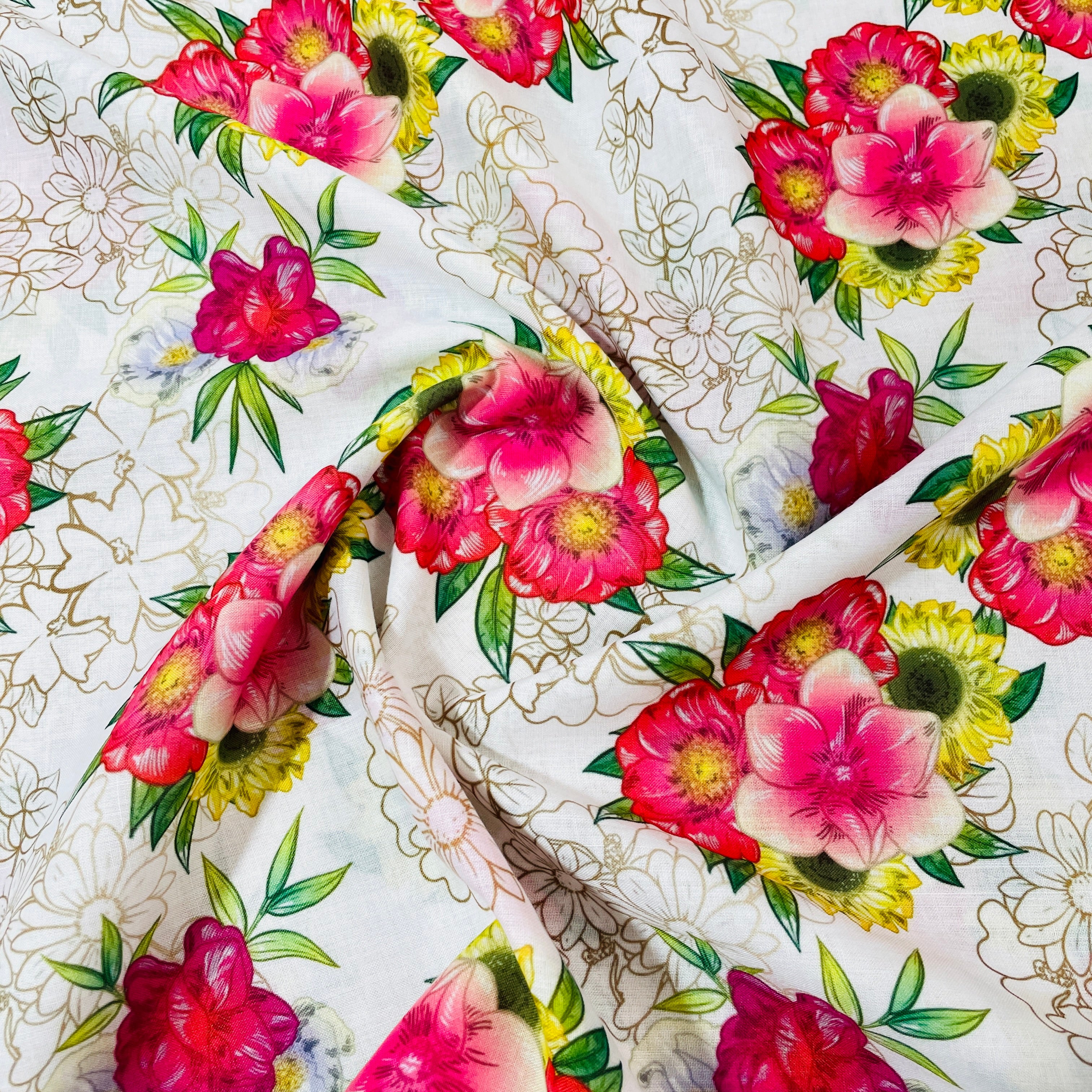 White Pink Floral Print Cotton Fabric 7