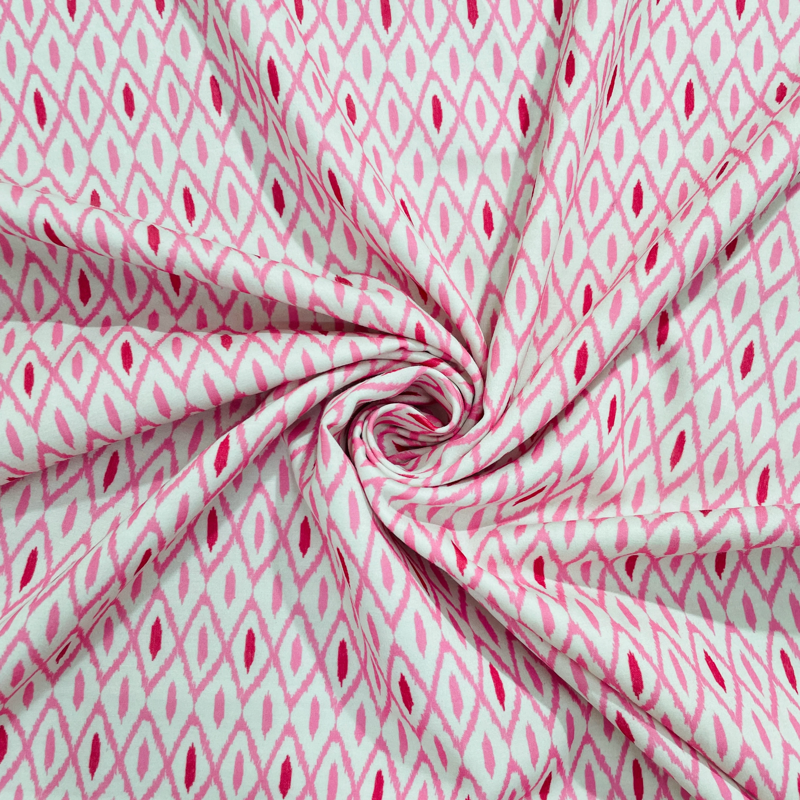 White Pink Ikkat Print Cotton Satin Fabric 20