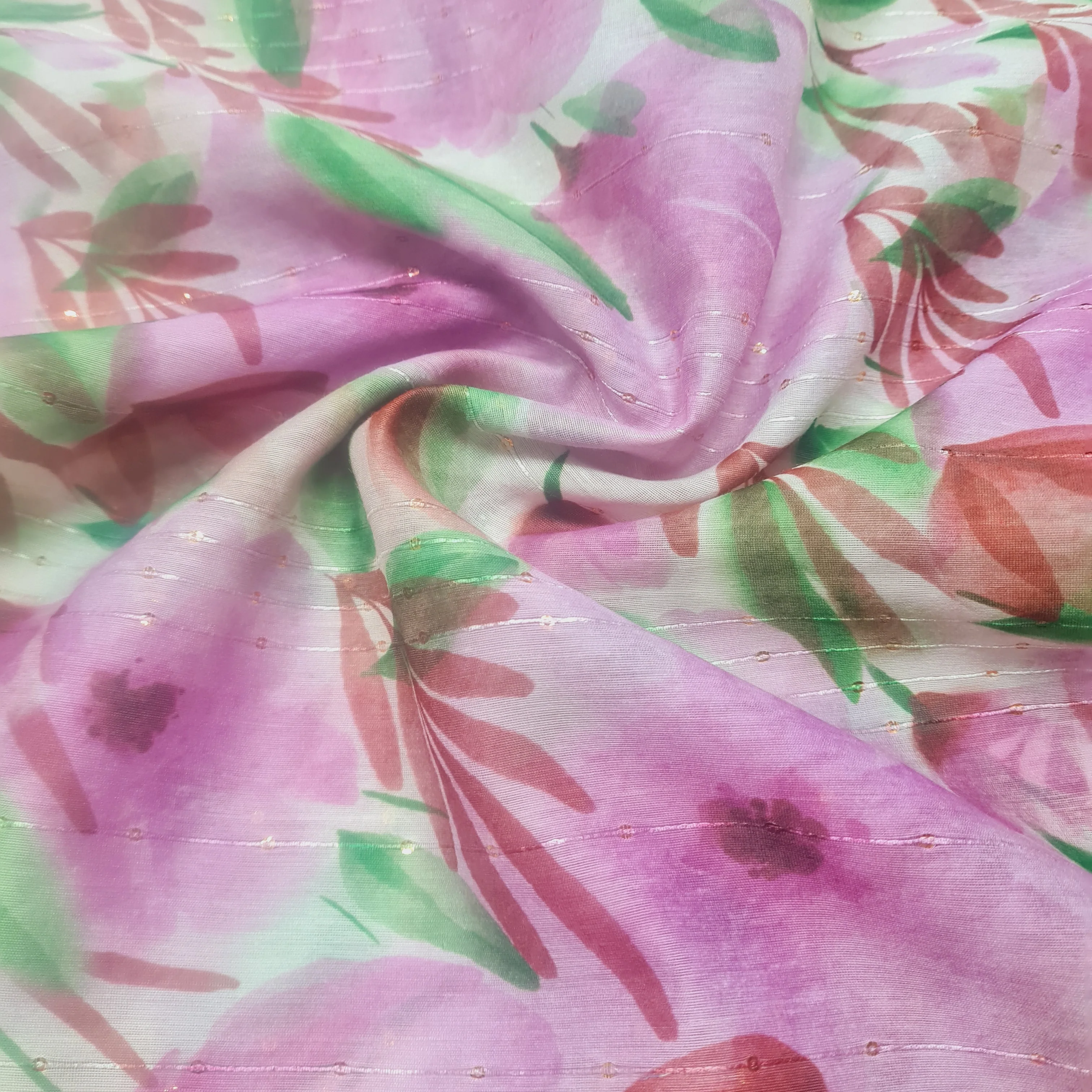 White & Purple Floral Sequins Chanderi Fabric