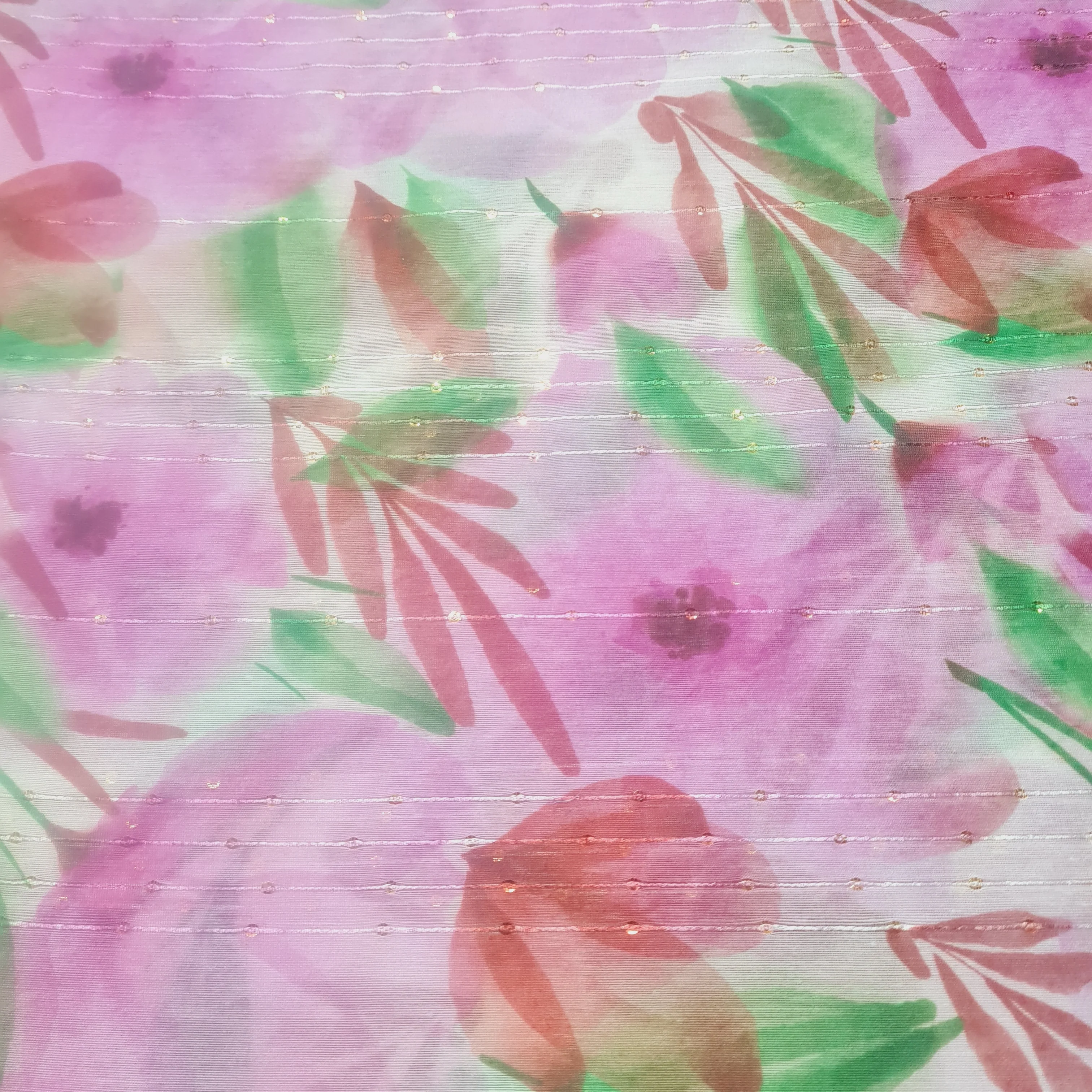 White & Purple Floral Sequins Chanderi Fabric - Image 2