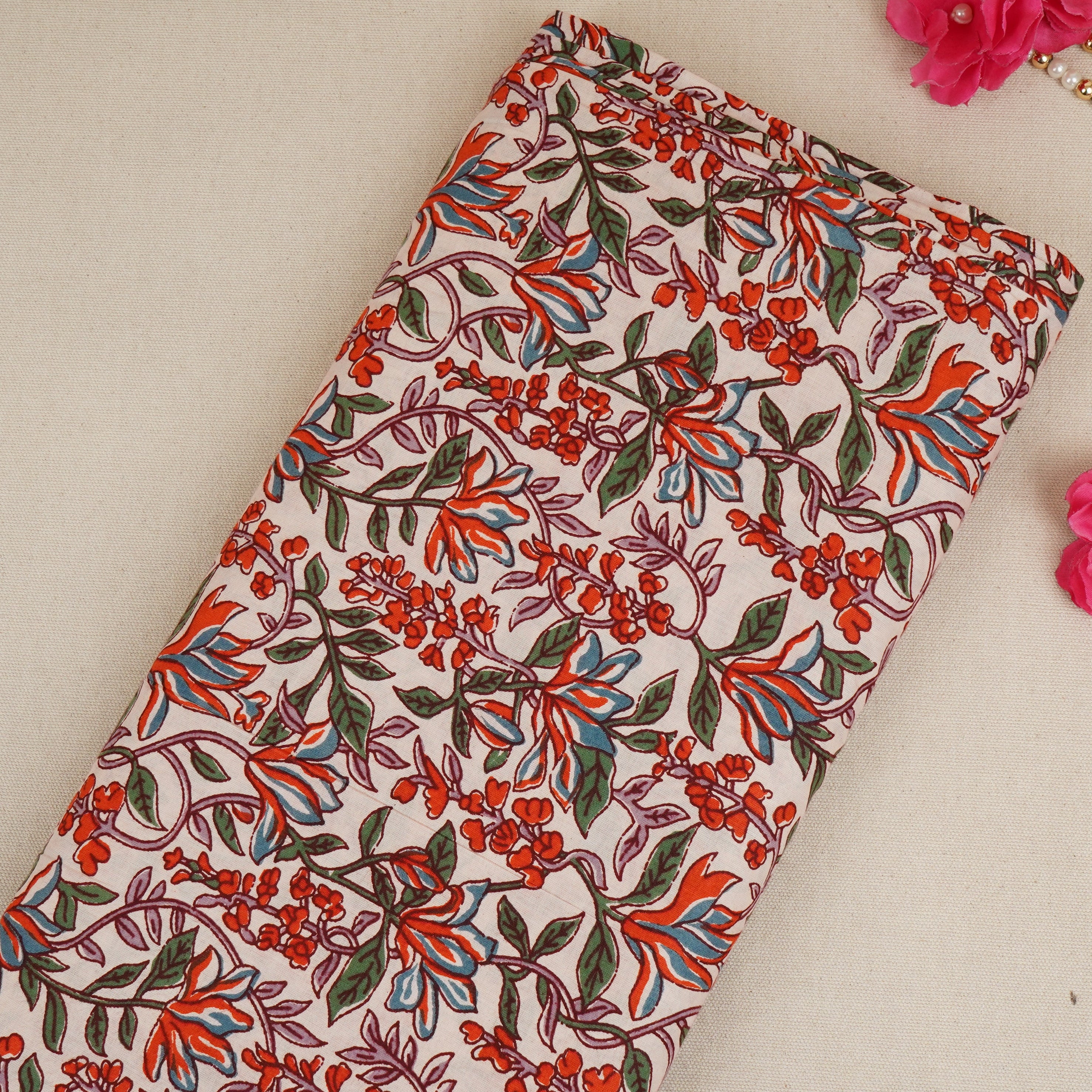White & Red Floral Block Print Cotton Fabric PB-29755