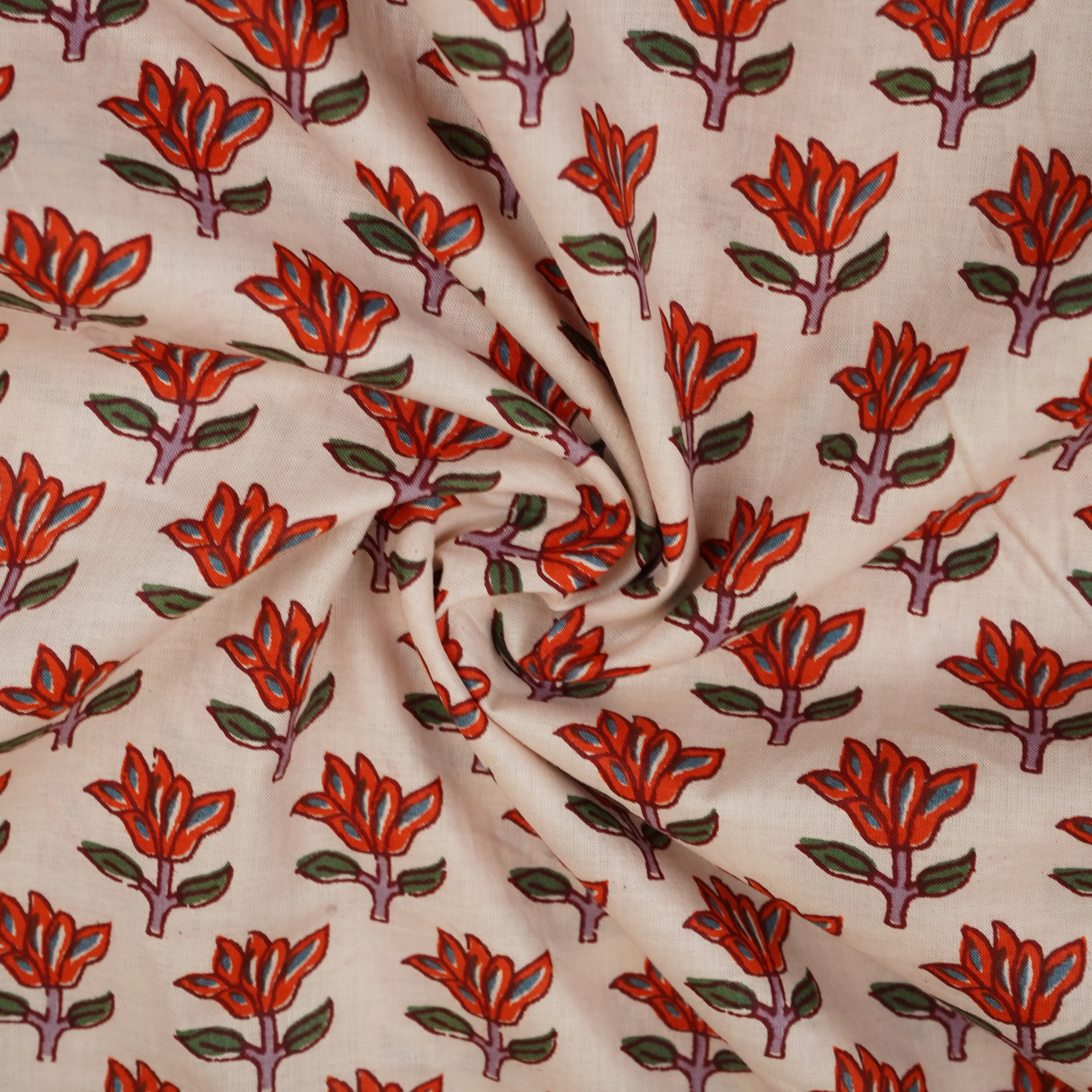 White & Red Handblock Floral Print Cotton Fabric PB-29752 - Image 3