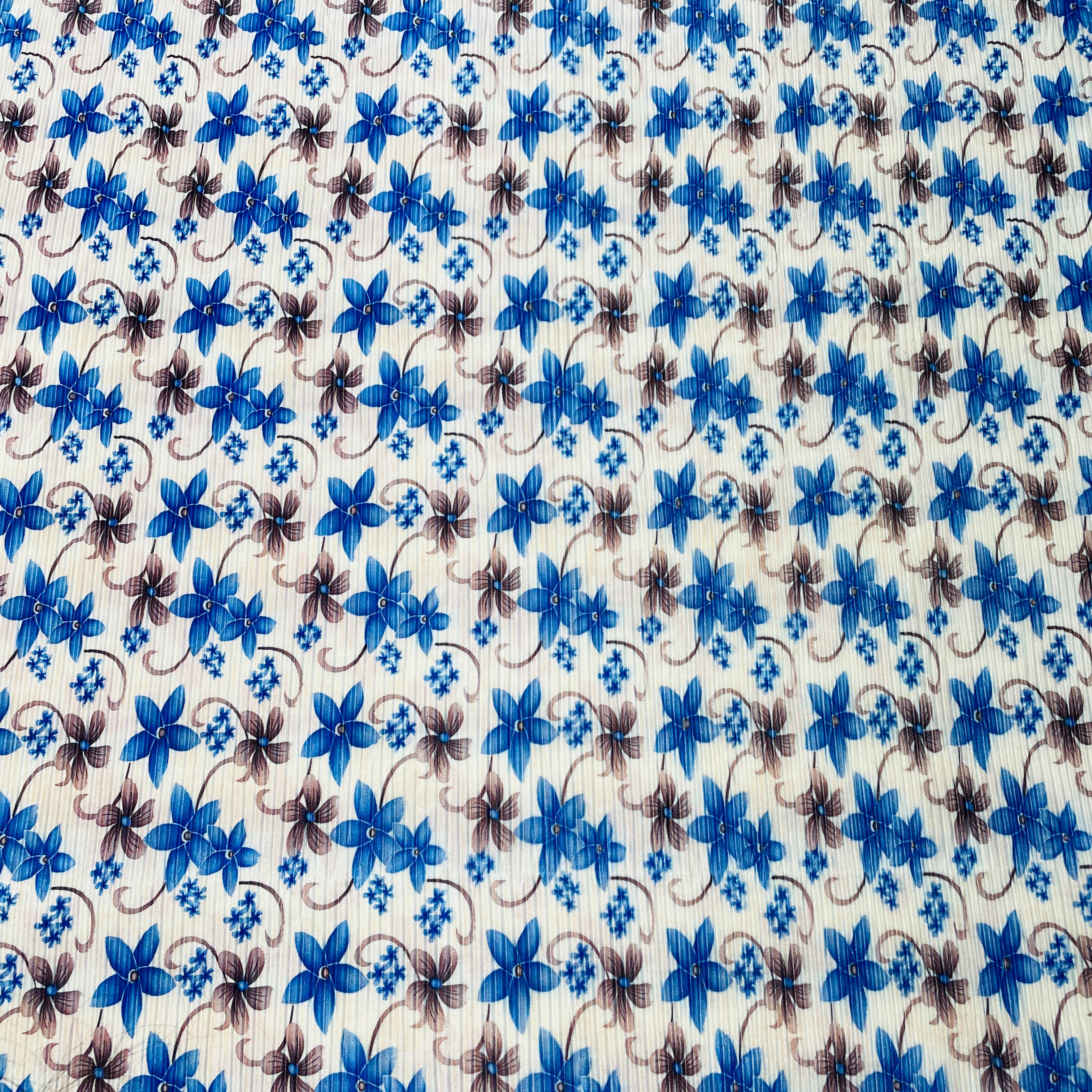 White With Blue Brown Floral Pleated Knitted Satin Fabric - Image 2