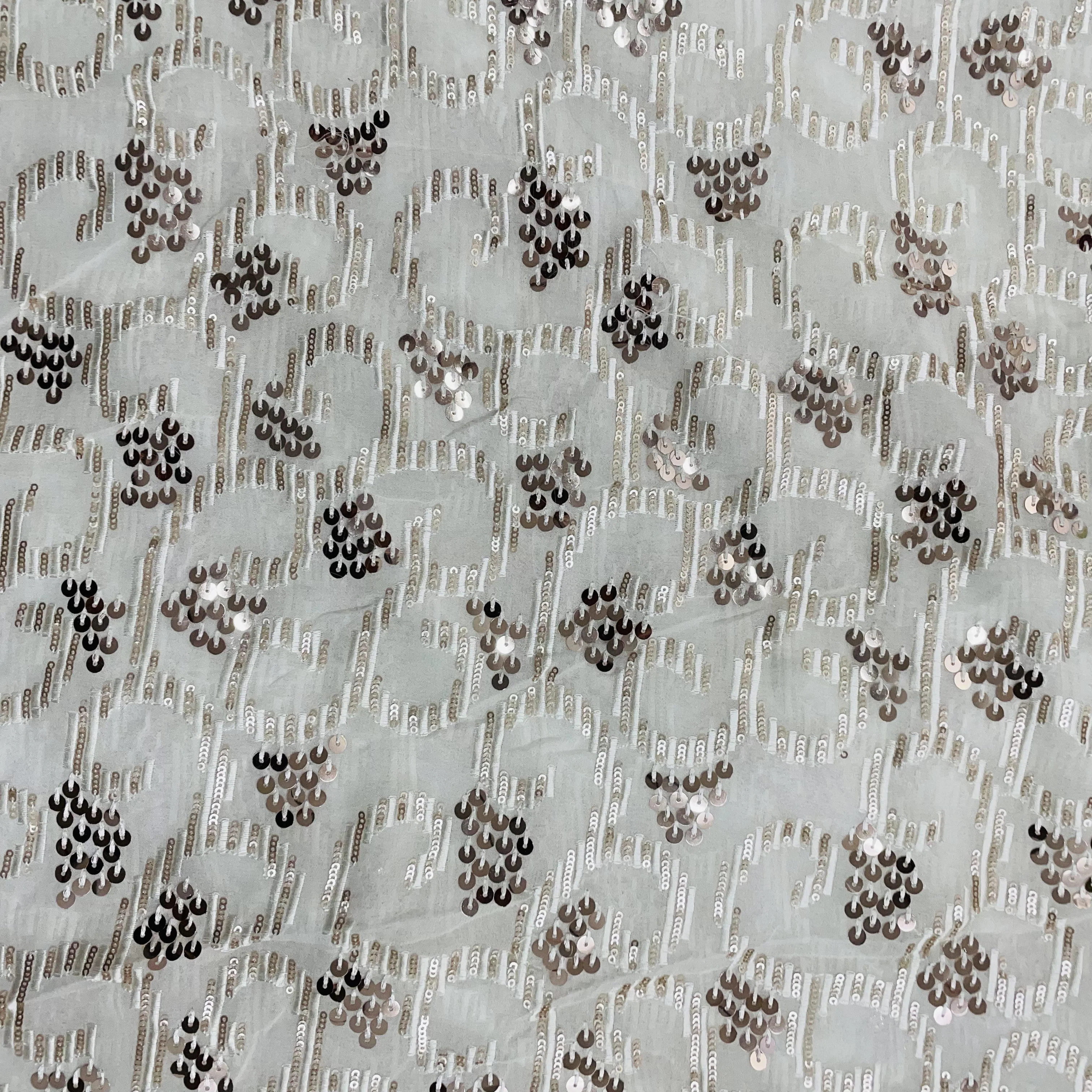 White With Bronze And Gold Embroidery Sequins Dyeable Georgette Fabric - Image 2