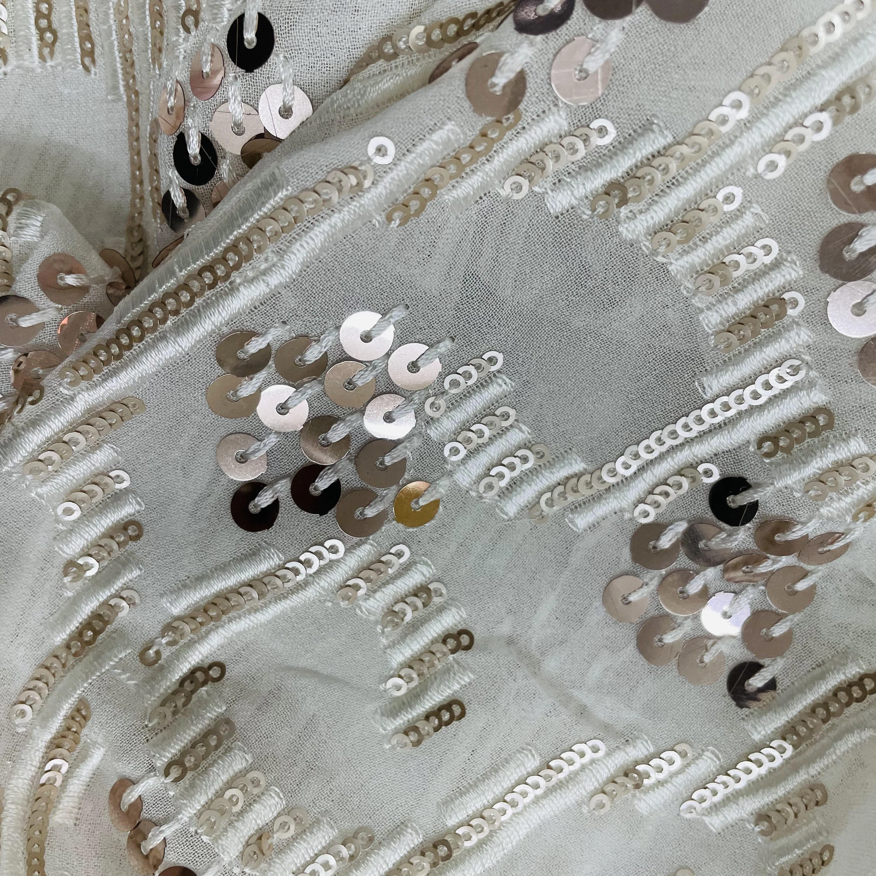White With Bronze And Gold Embroidery Sequins Dyeable Georgette Fabric - Image 3