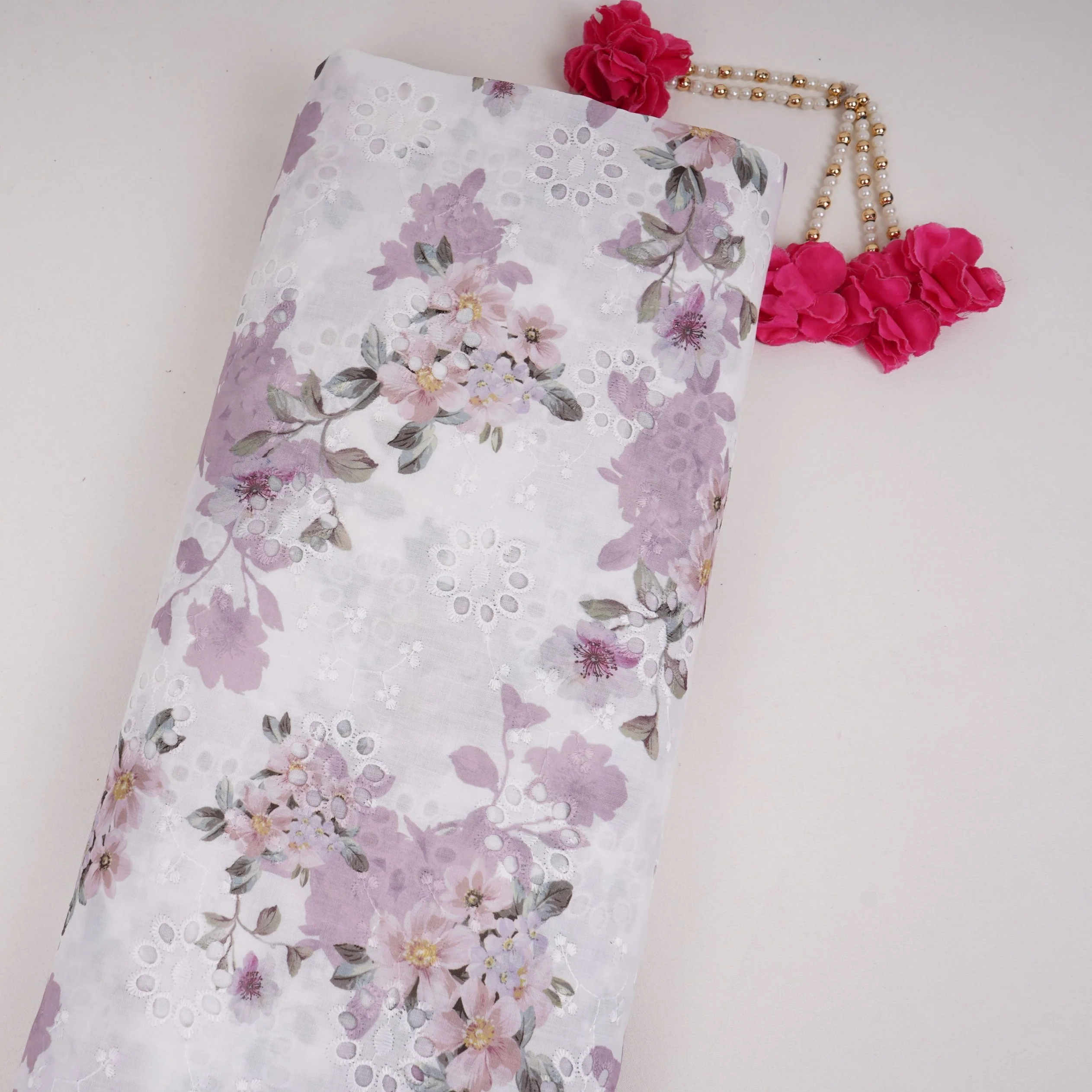 White With Lavender Floral Print Cotton Schiffli Fabric LI-32152