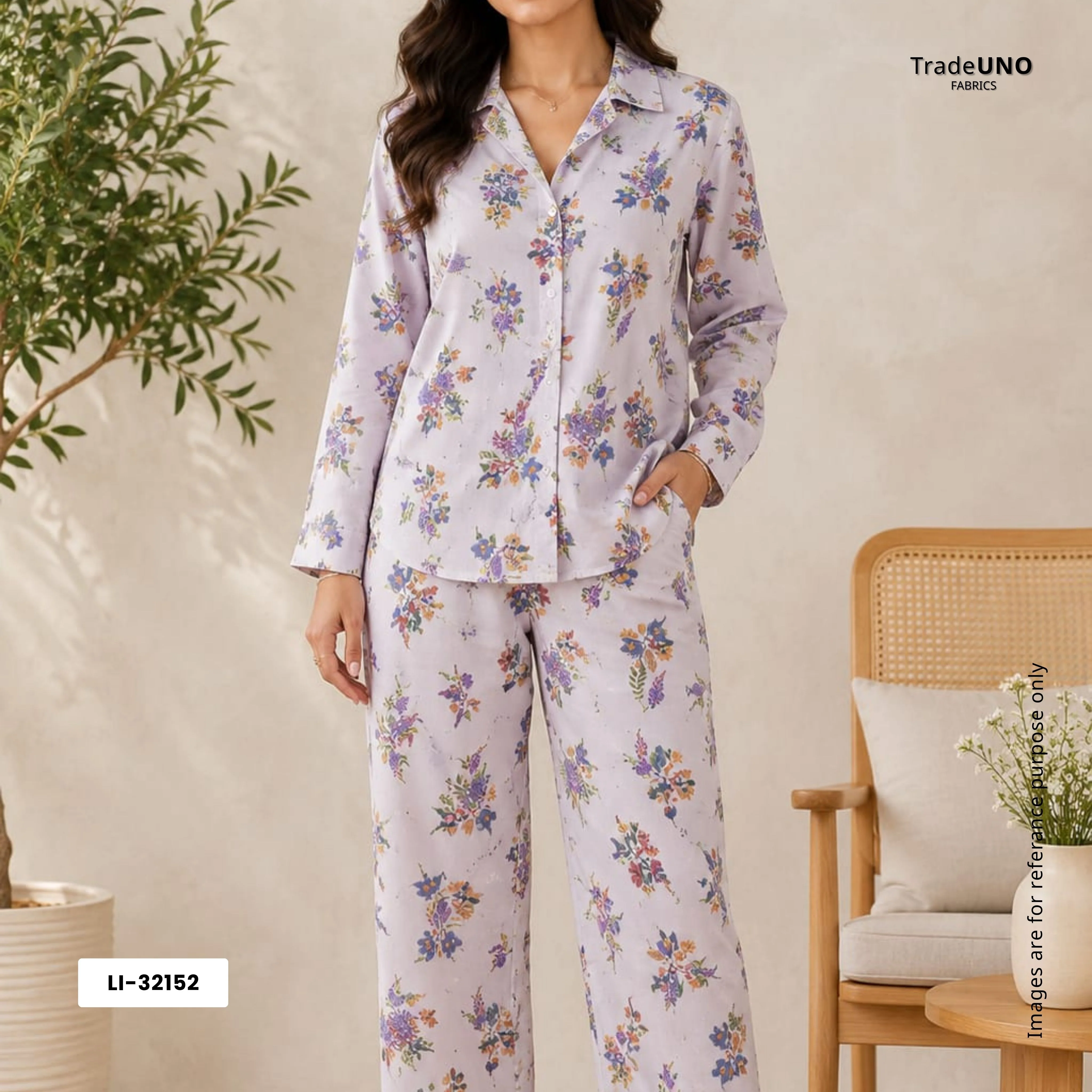 White With Lavender Floral Print Cotton Schiffli Fabric LI-32152 - Image 8