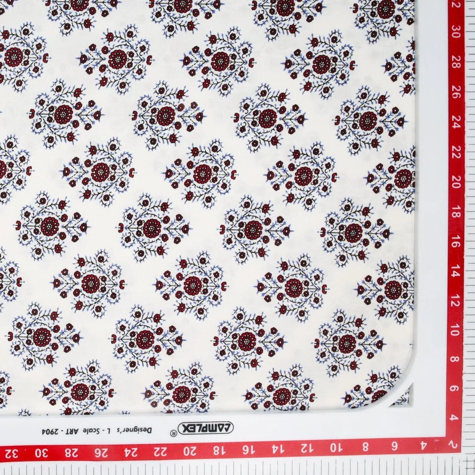 White With Maroon Traditional Motif Print Rayon Fabric - Image 3
