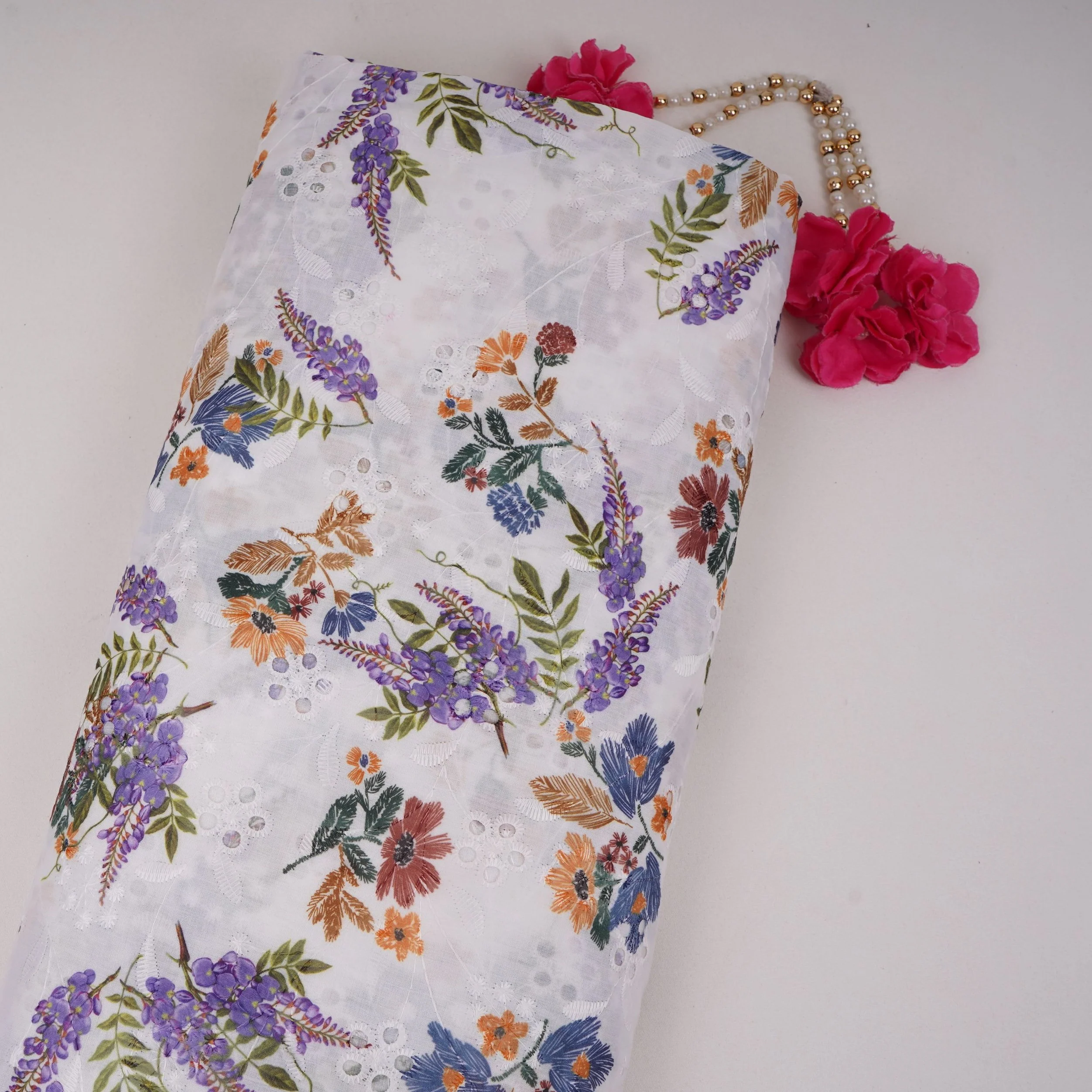 White With Multicolor Floral Print Cotton Schiffli Fabric LI-32154
