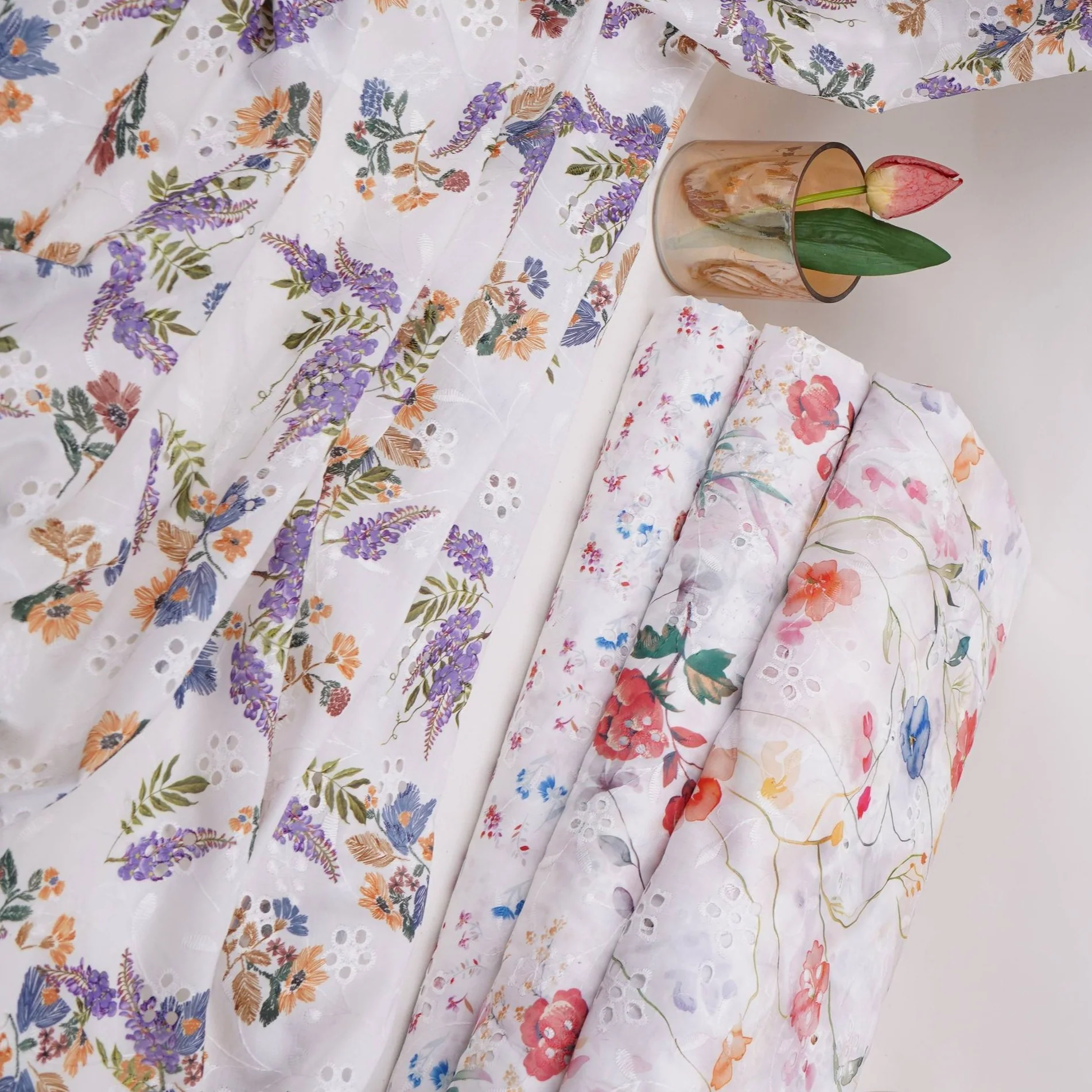 White With Red Floral Print Cotton Schiffli Fabric LI-32150 - Image 7