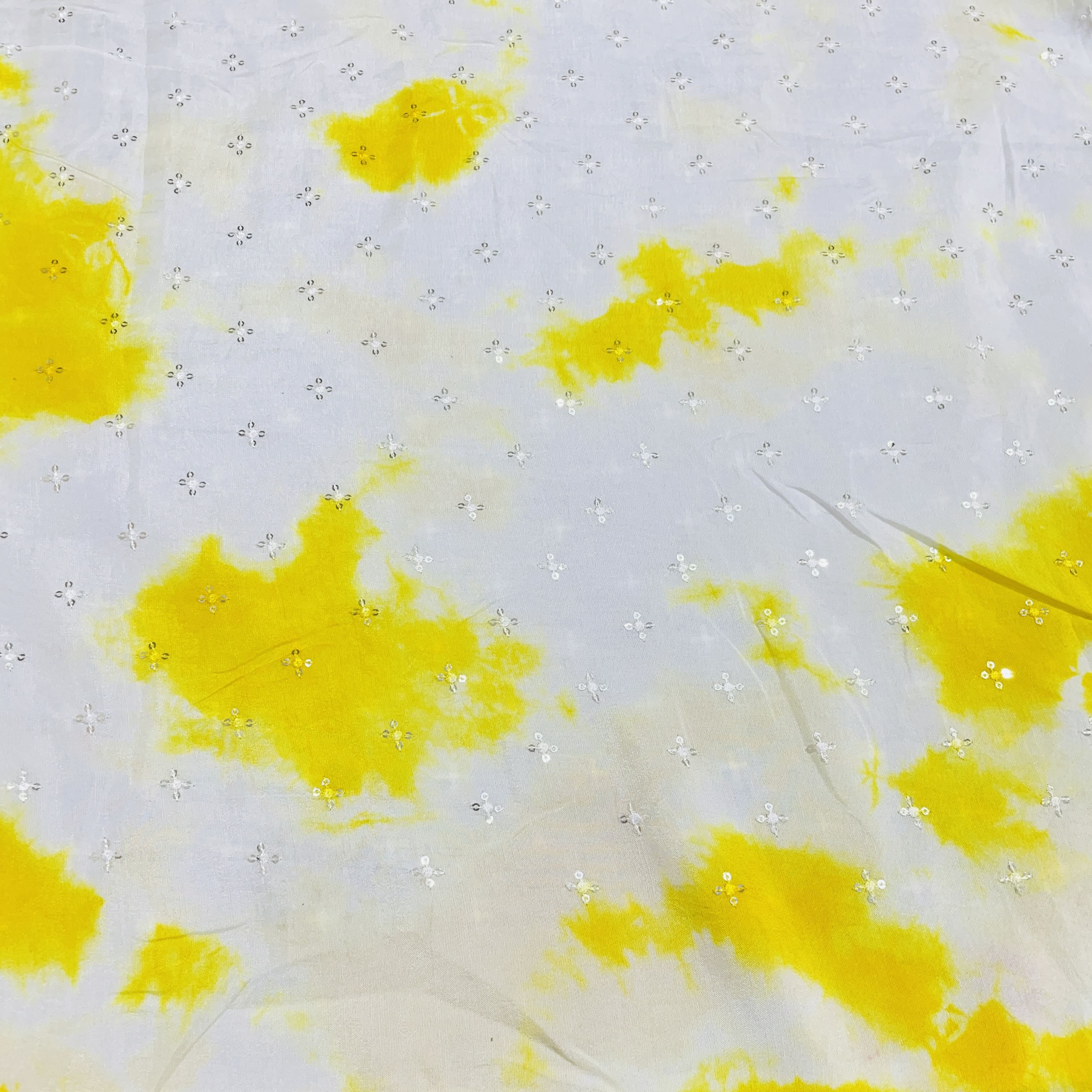 White Yellow Shibori Sequins Embroidery Dola Silk Fabric 27 - Image 2