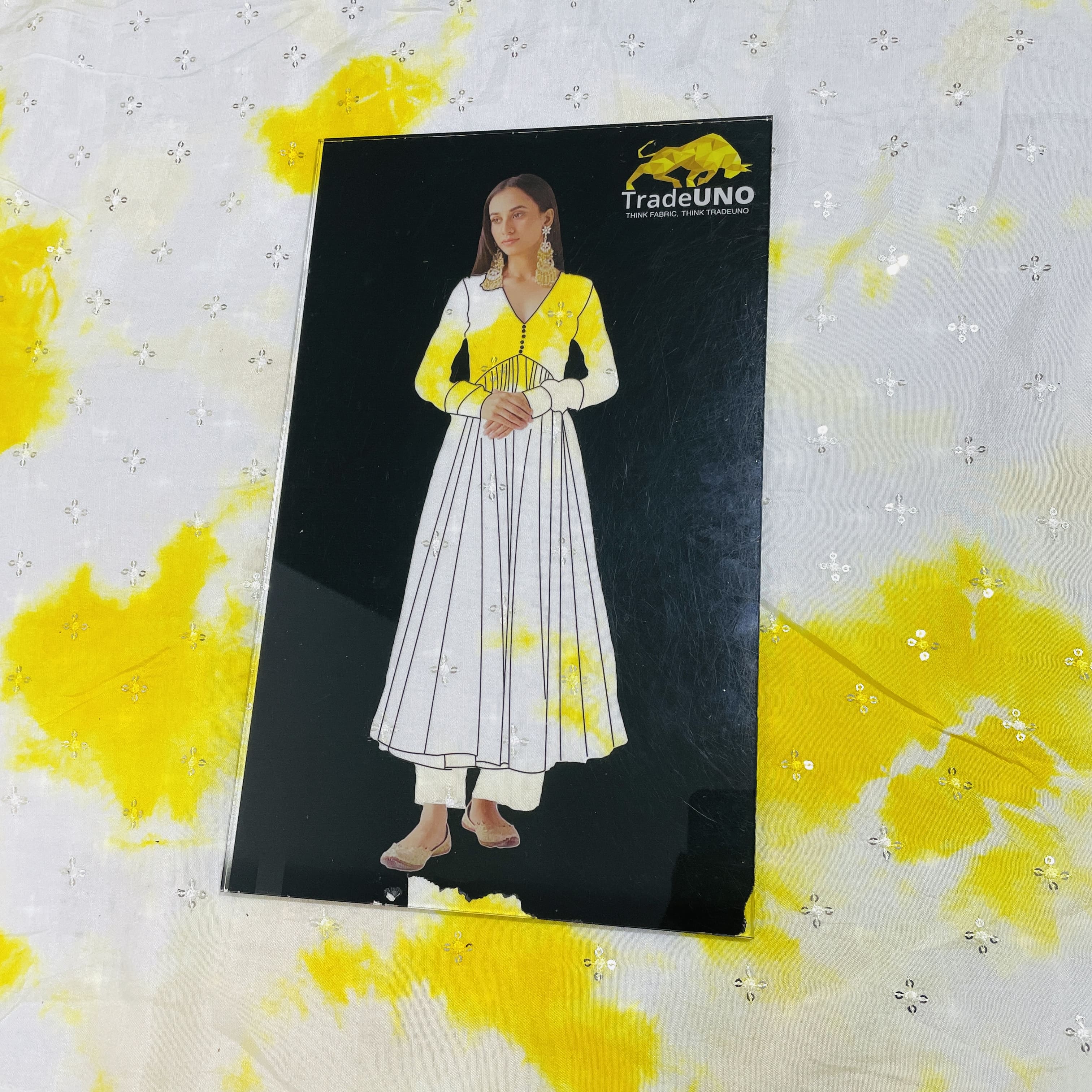 White Yellow Shibori Sequins Embroidery Dola Silk Fabric 27 - Image 3