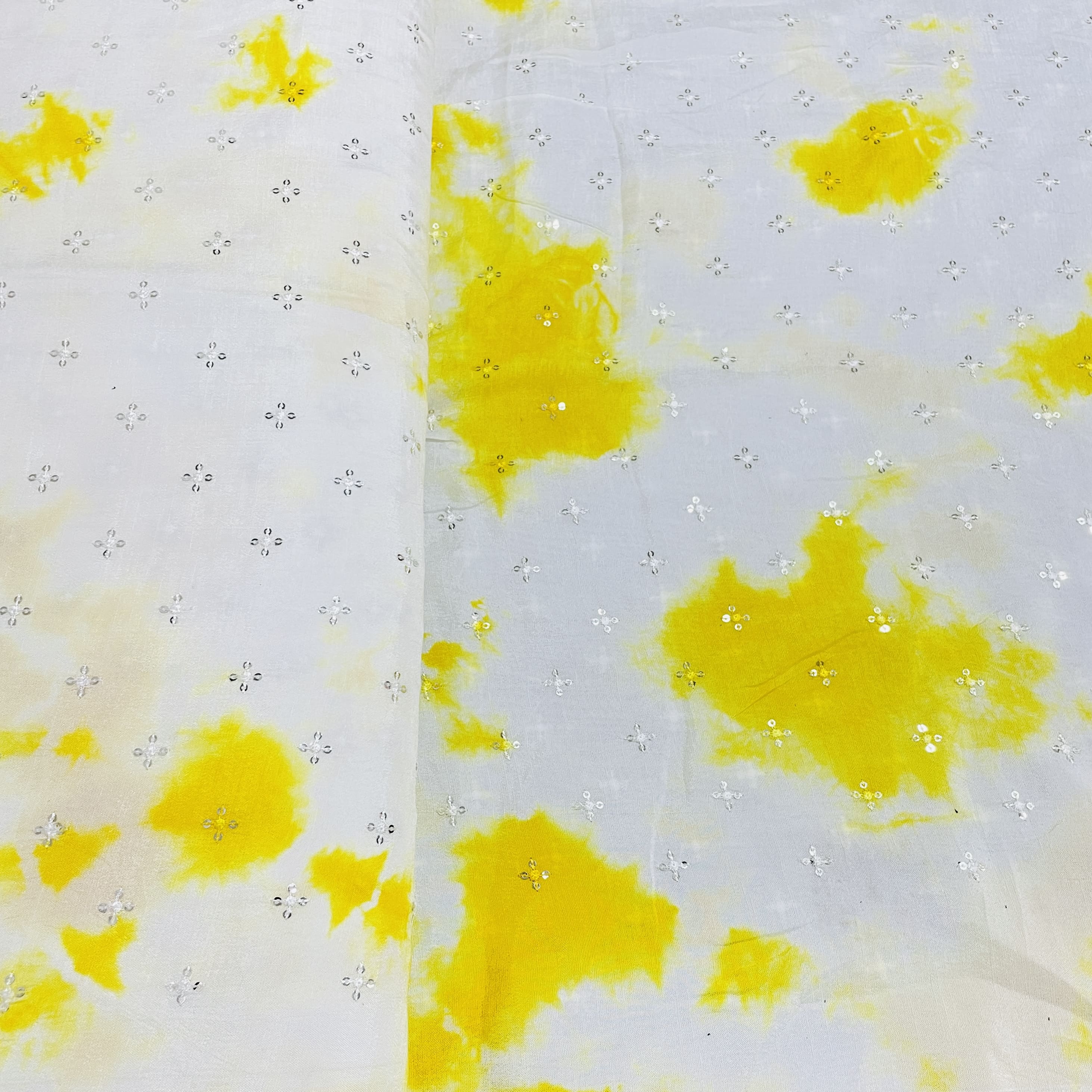 White Yellow Shibori Sequins Embroidery Dola Silk Fabric 27 - Image 4