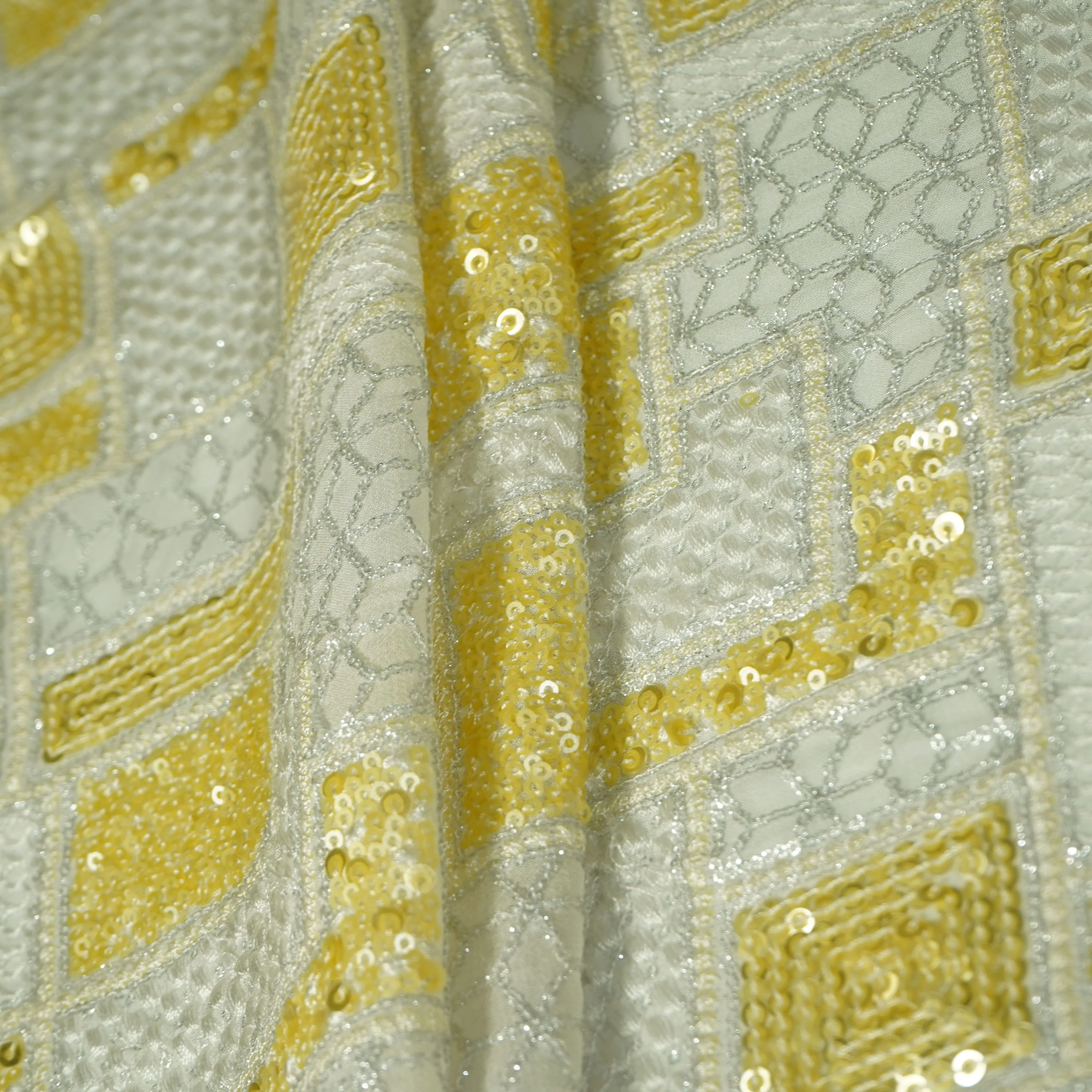 White & Yellow Traditional Sequence Thread Embroidery Georgette Fabric 9092 - Image 2