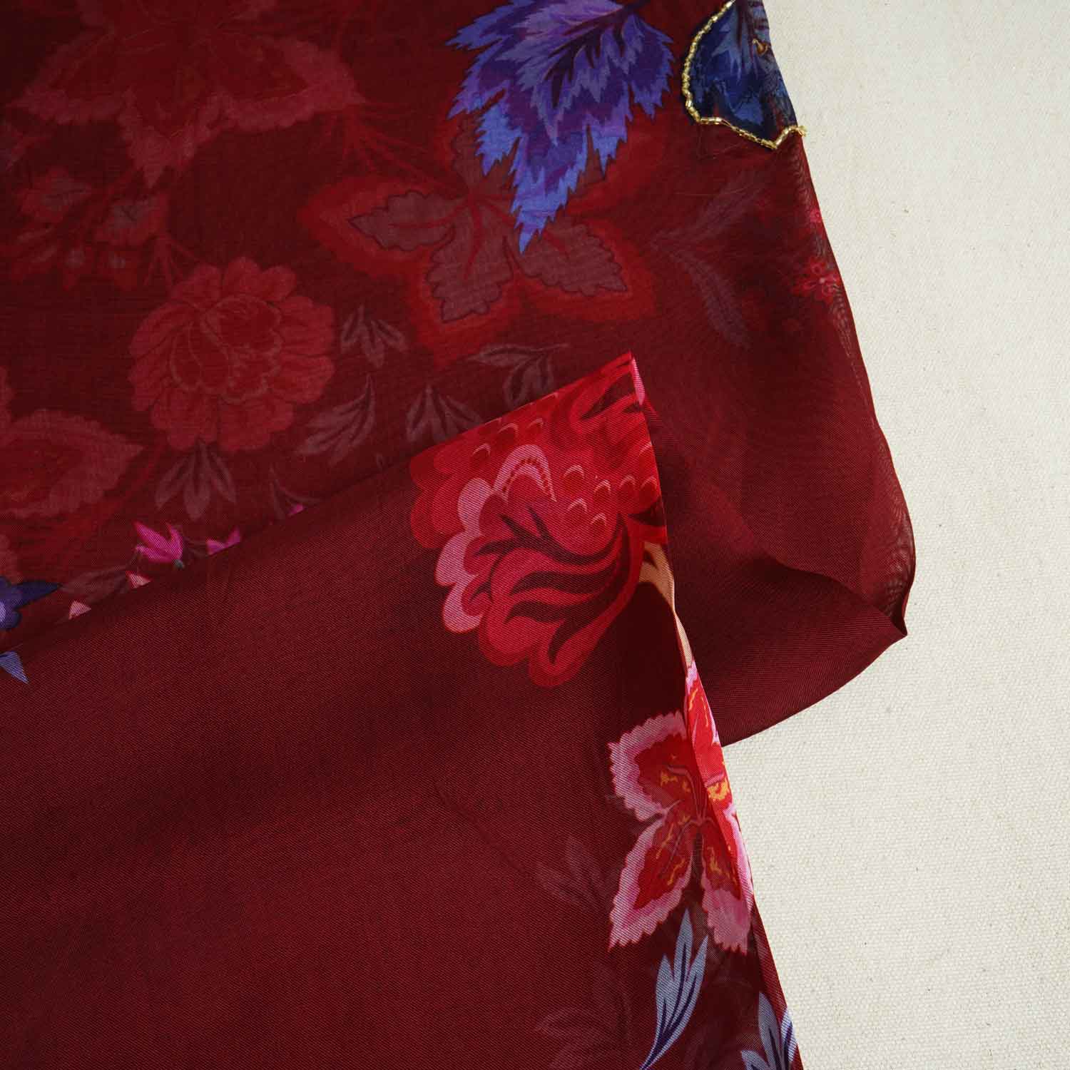 Wine Cutdana Hand Work Floral Print Organza Fabric MT-28292 - Image 2
