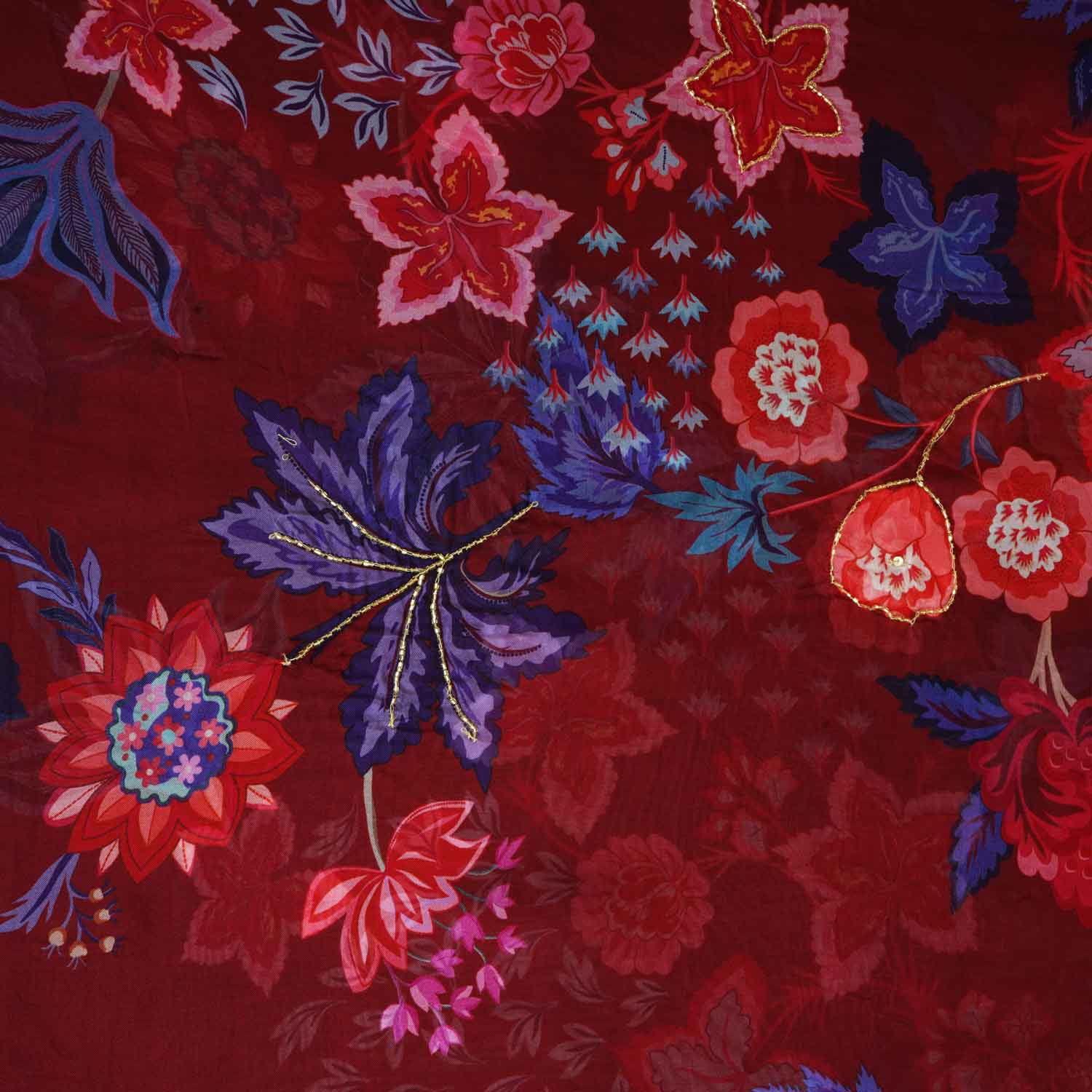 Wine Cutdana Hand Work Floral Print Organza Fabric MT-28292 - Image 4