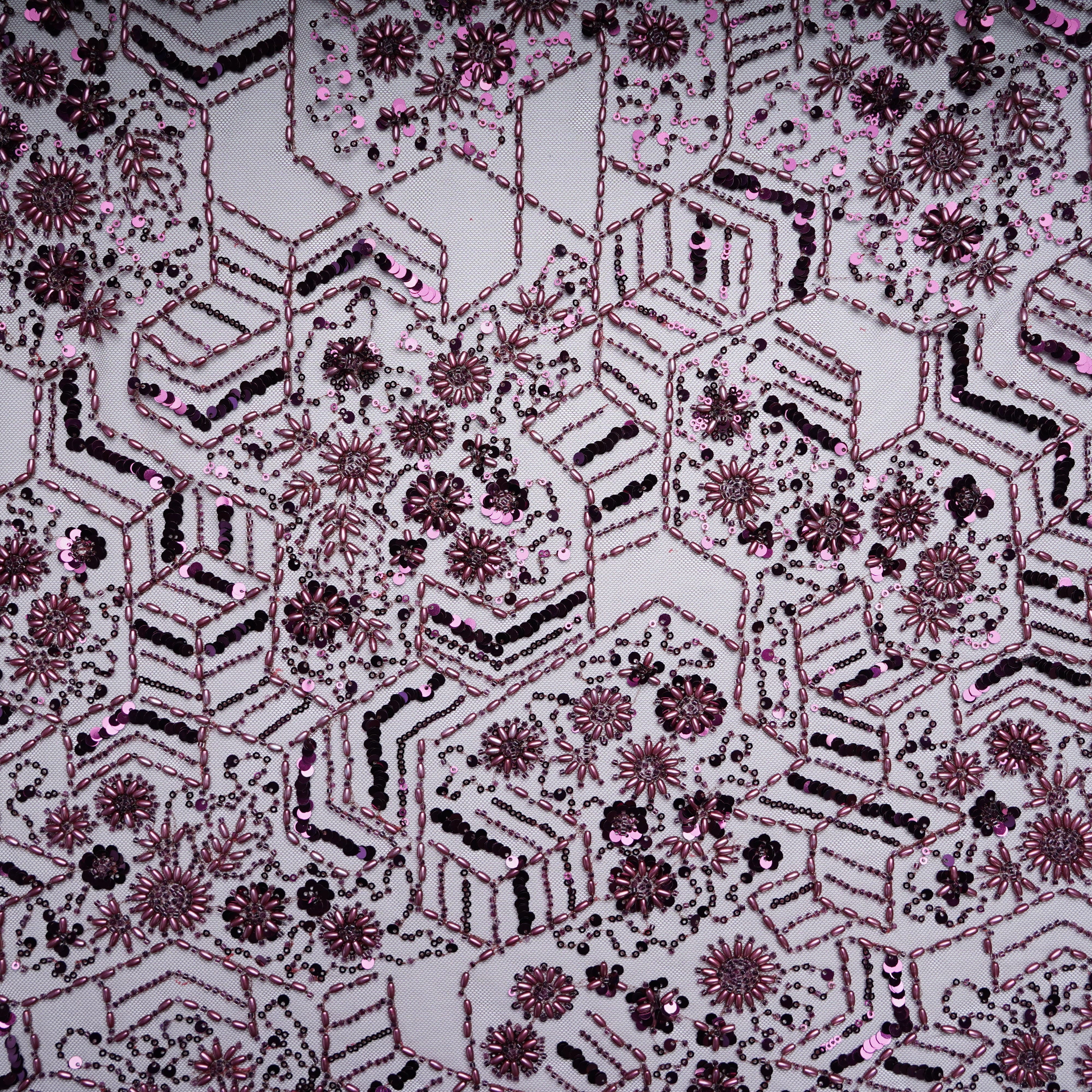 Wine Floral Rice Beads Cut Dana Handcrafted Embroidery Net Fabric 15138 - Image 3