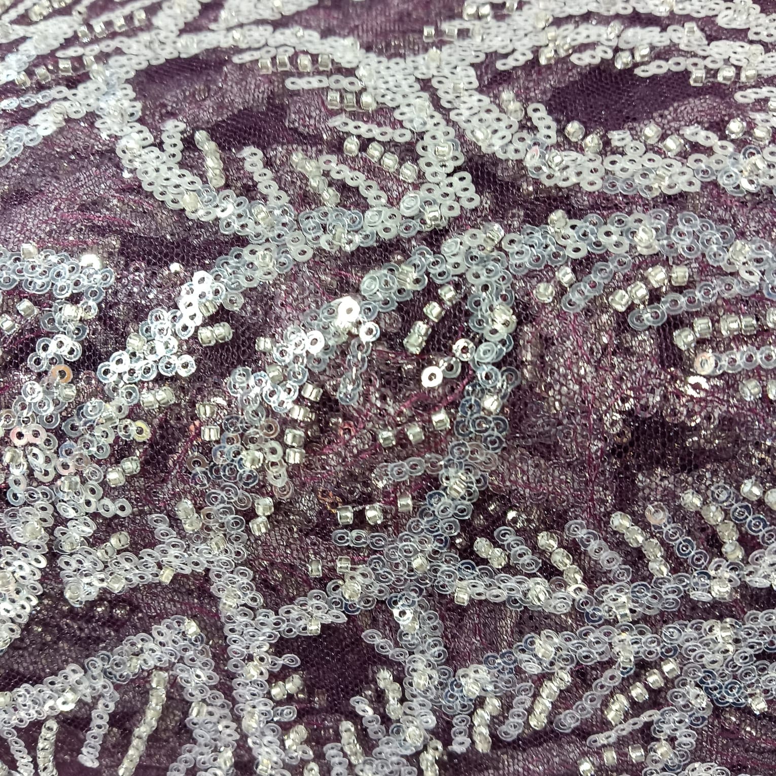 Wine With Silver Leaves Sequence Pearl Embroidery Net Fabric 14227 - Image 2