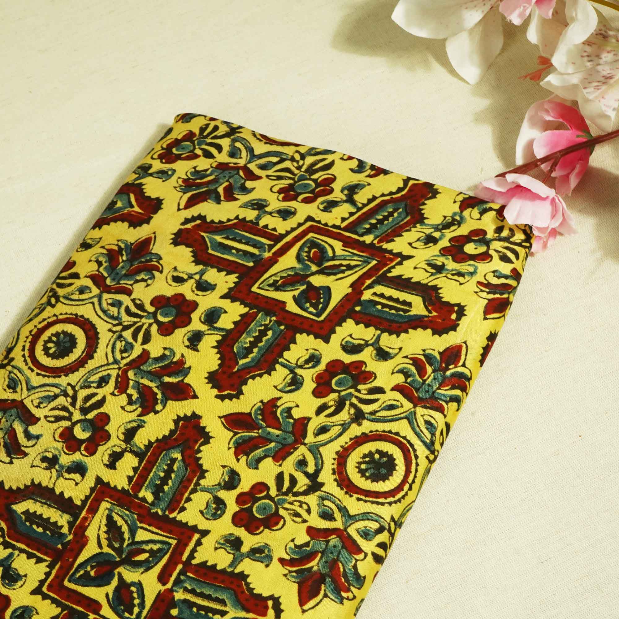 Yellow Ajrakh Print Modal Silk Fabric 0094 IA-20742