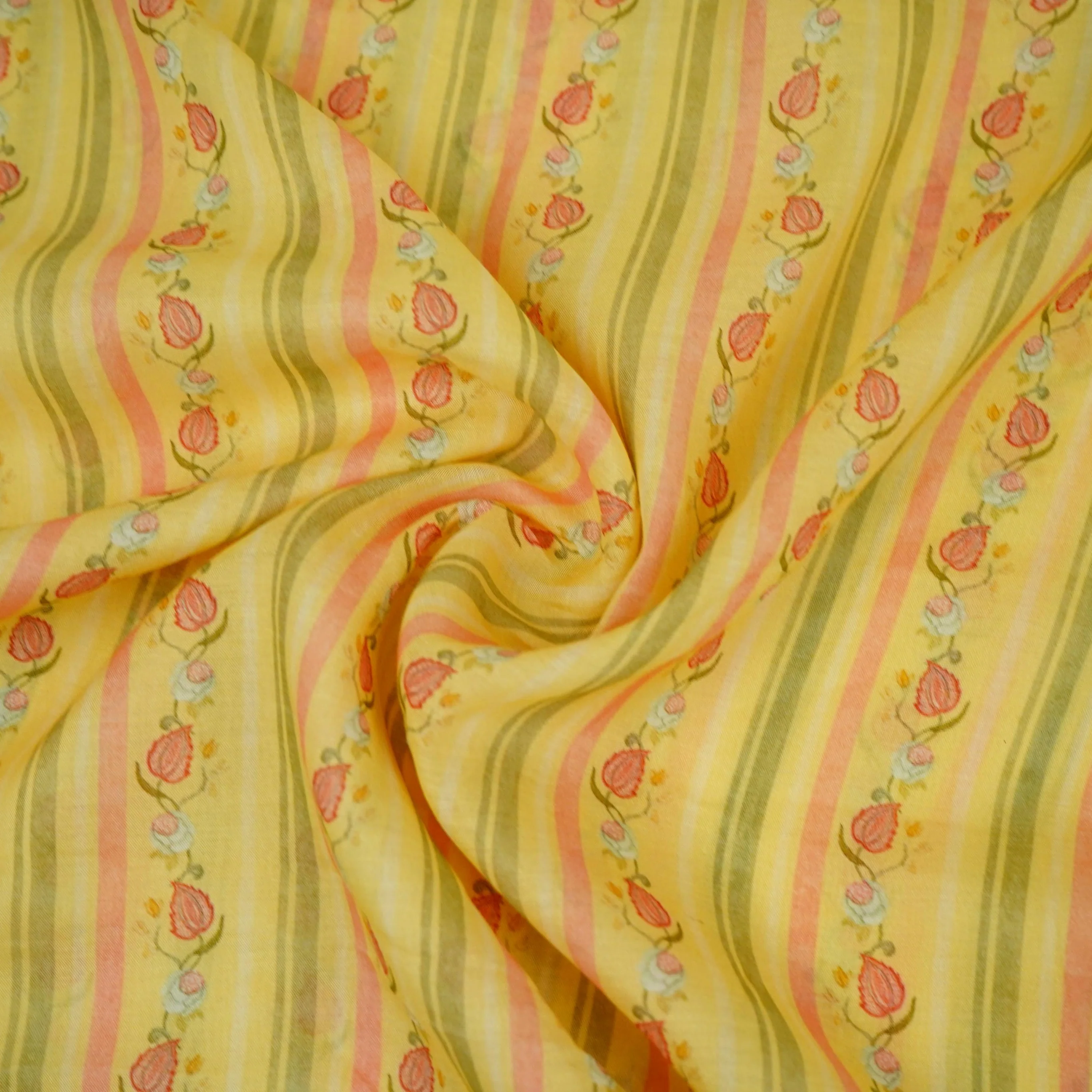 Yellow & Green Stripes Print Mul Chanderi Fabric GTS-30503 - Image 4