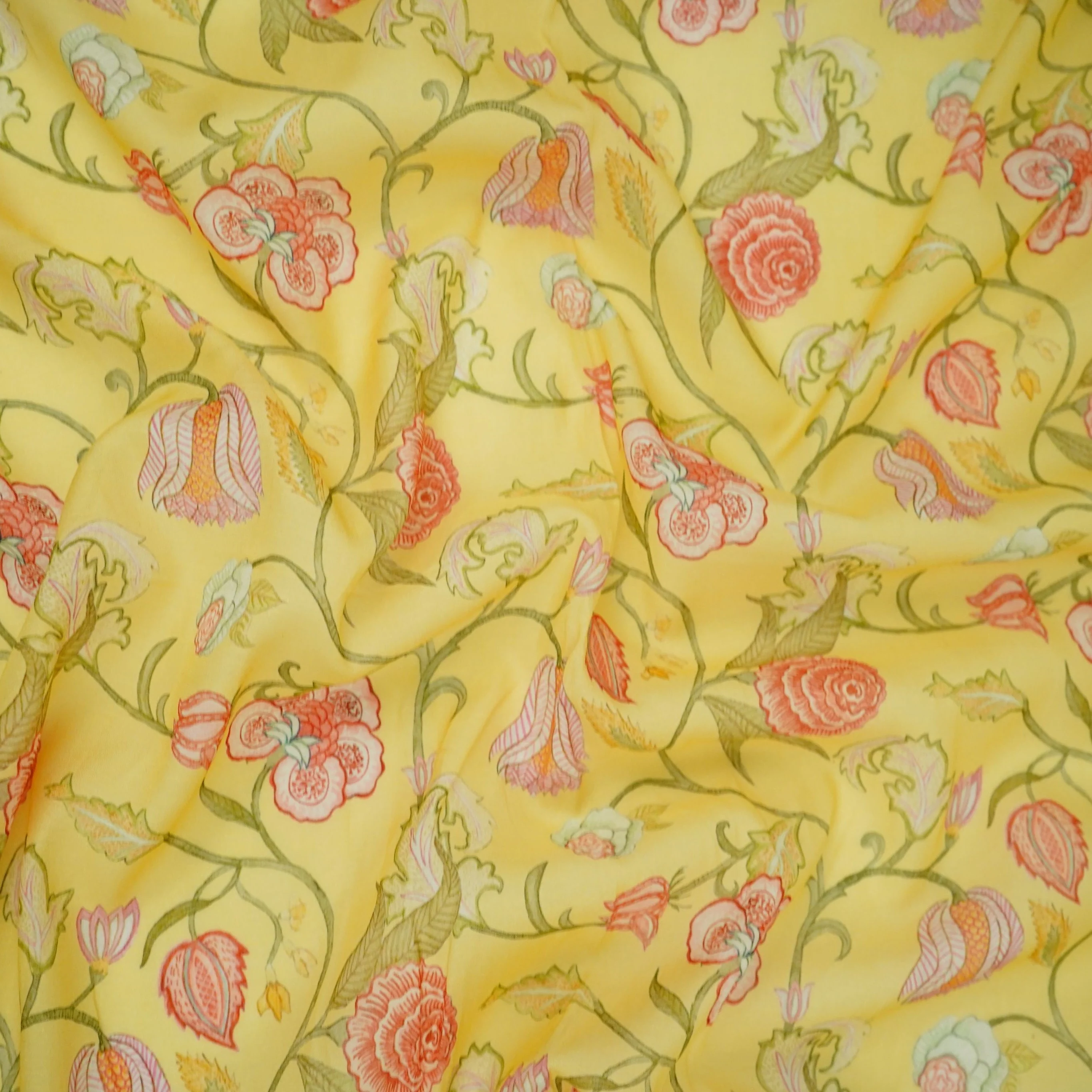 Yellow Chintz Floral Print Mul Chanderi Fabric GTS-30502 - Image 3