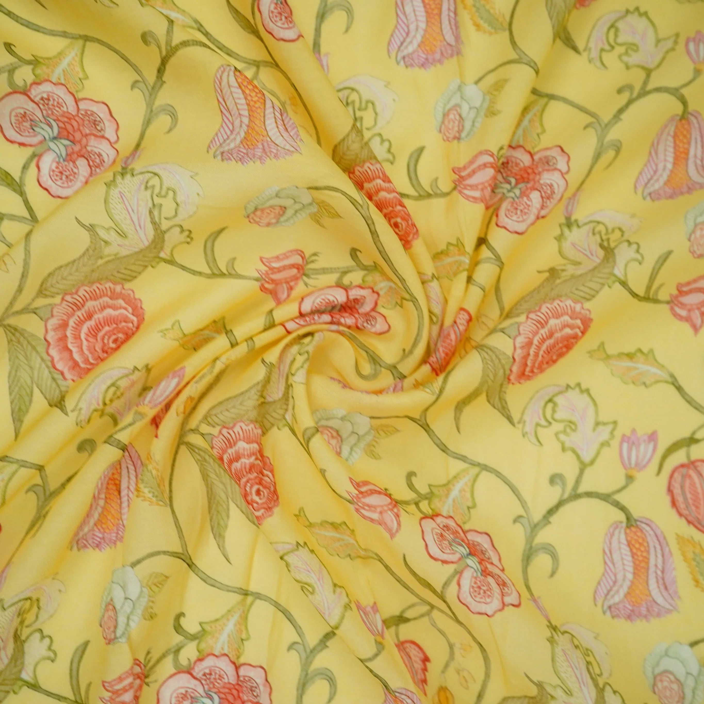 Yellow Chintz Floral Print Mul Chanderi Fabric GTS-30502 - Image 4