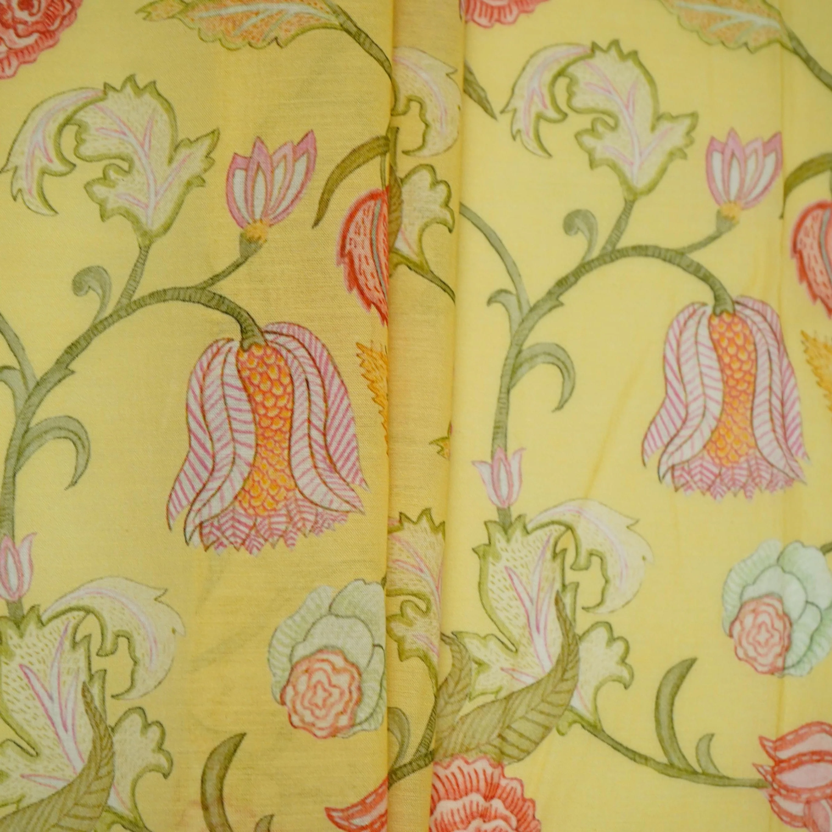 Yellow Chintz Floral Print Mul Chanderi Fabric GTS-30502 - Image 5