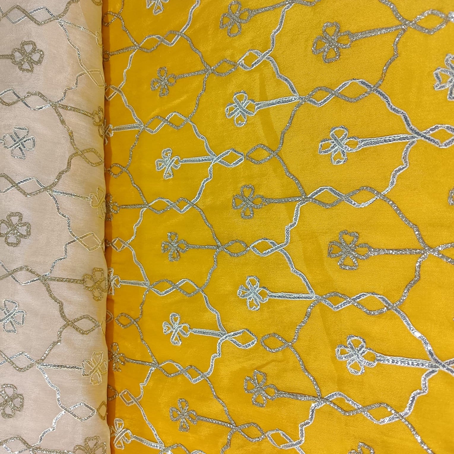 Yellow Cream Floral Gota Work Ombre Chinnon Fabric 14292 - Image 3