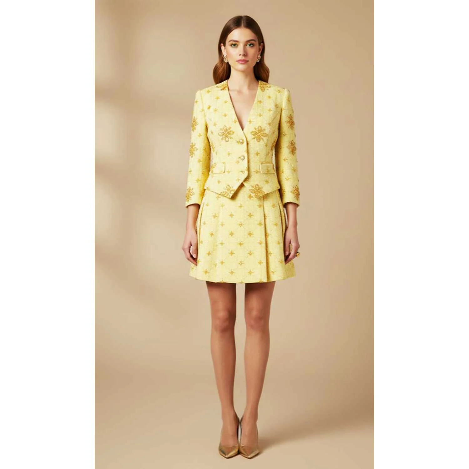 Yellow Cutdana Tweed Fabric AF-27966 - Image 2