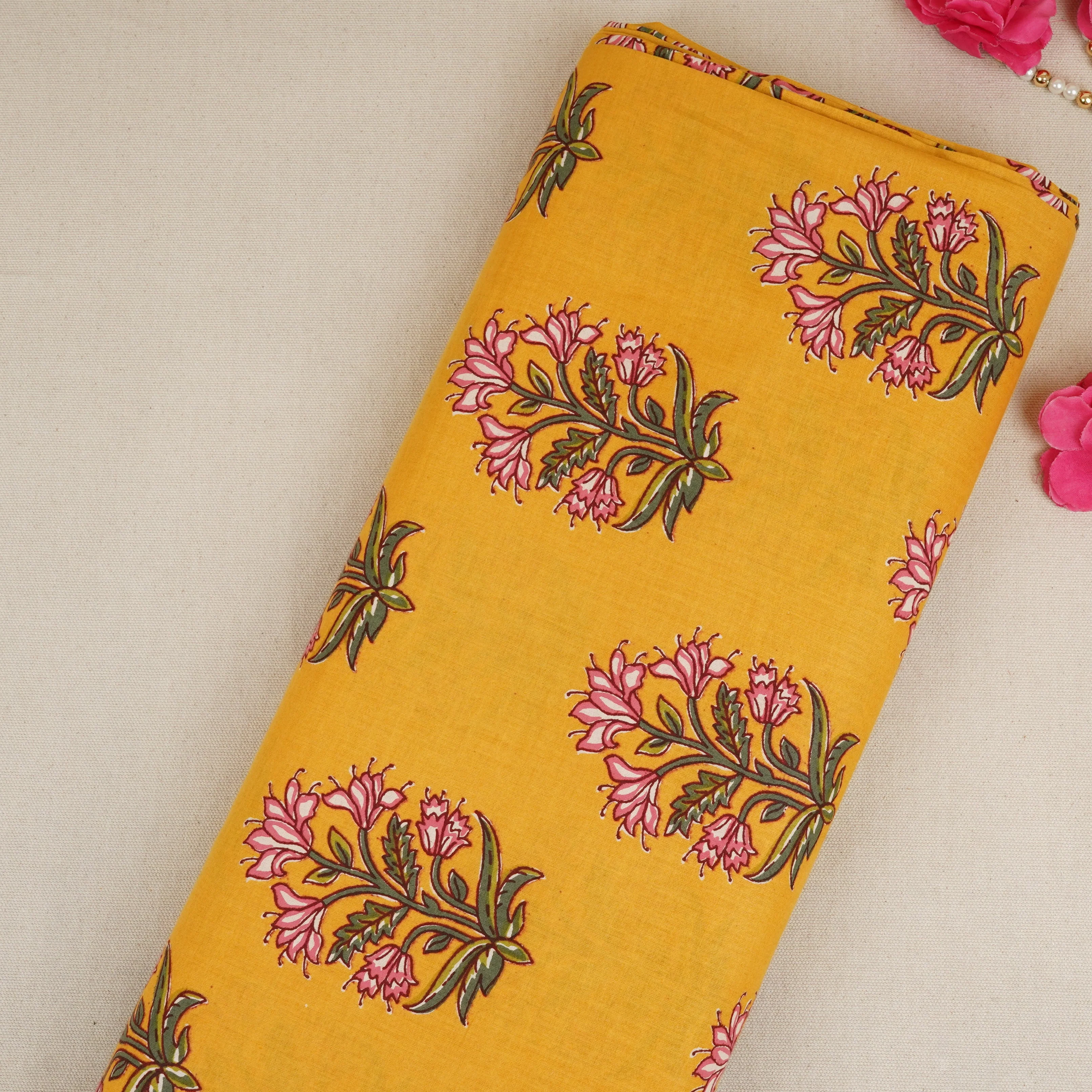 Yellow Floral Block Print Cotton Fabric PB-29725