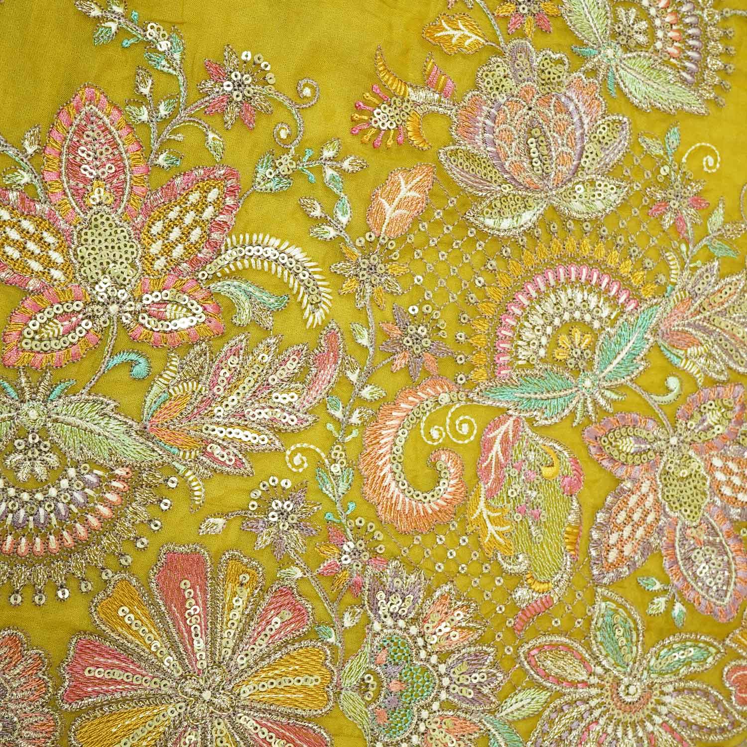 Yellow Floral Embroidery Orgnaza Fabric WI-27286 - Image 4