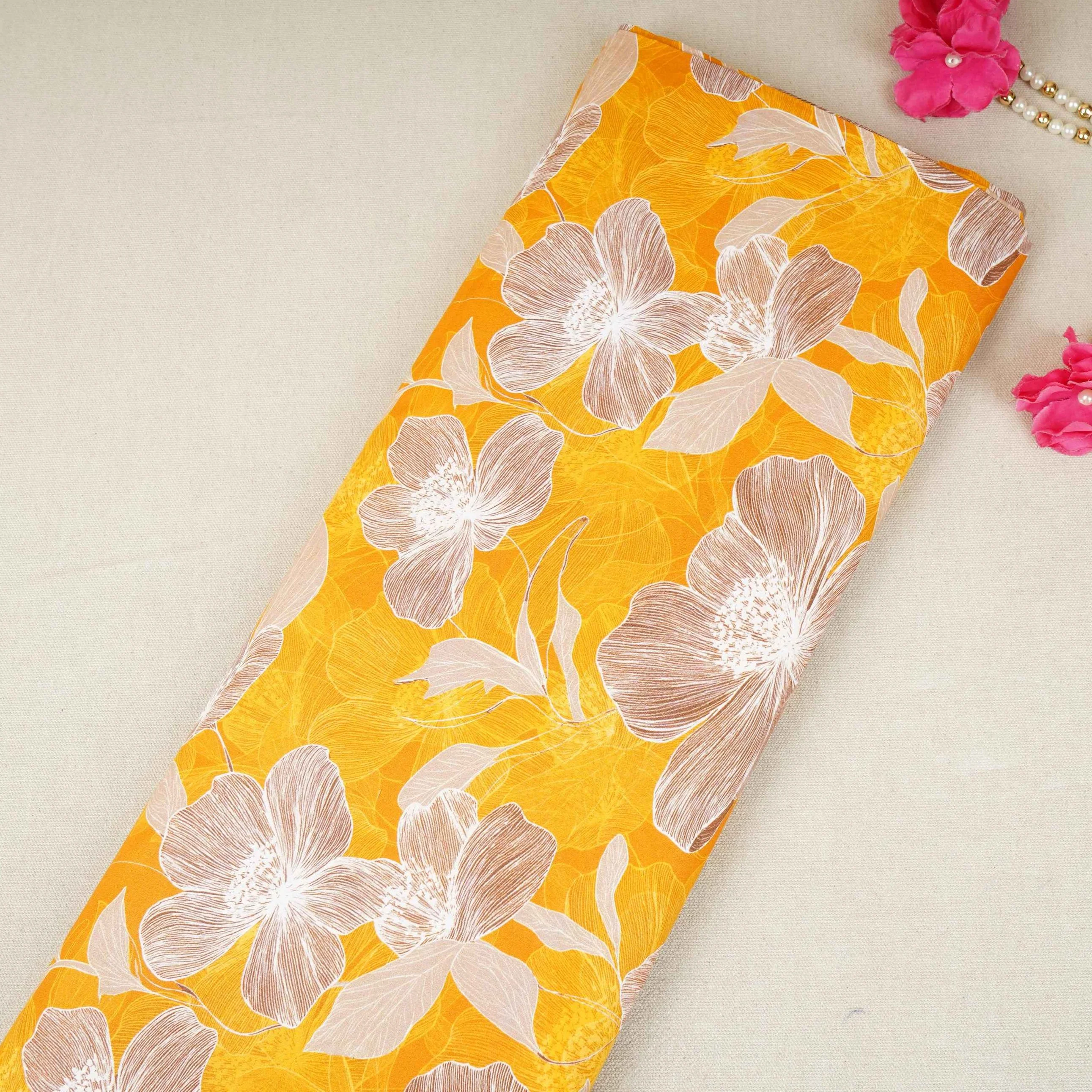Yellow Floral Print Cotton Mulmul Fabric PG-30452