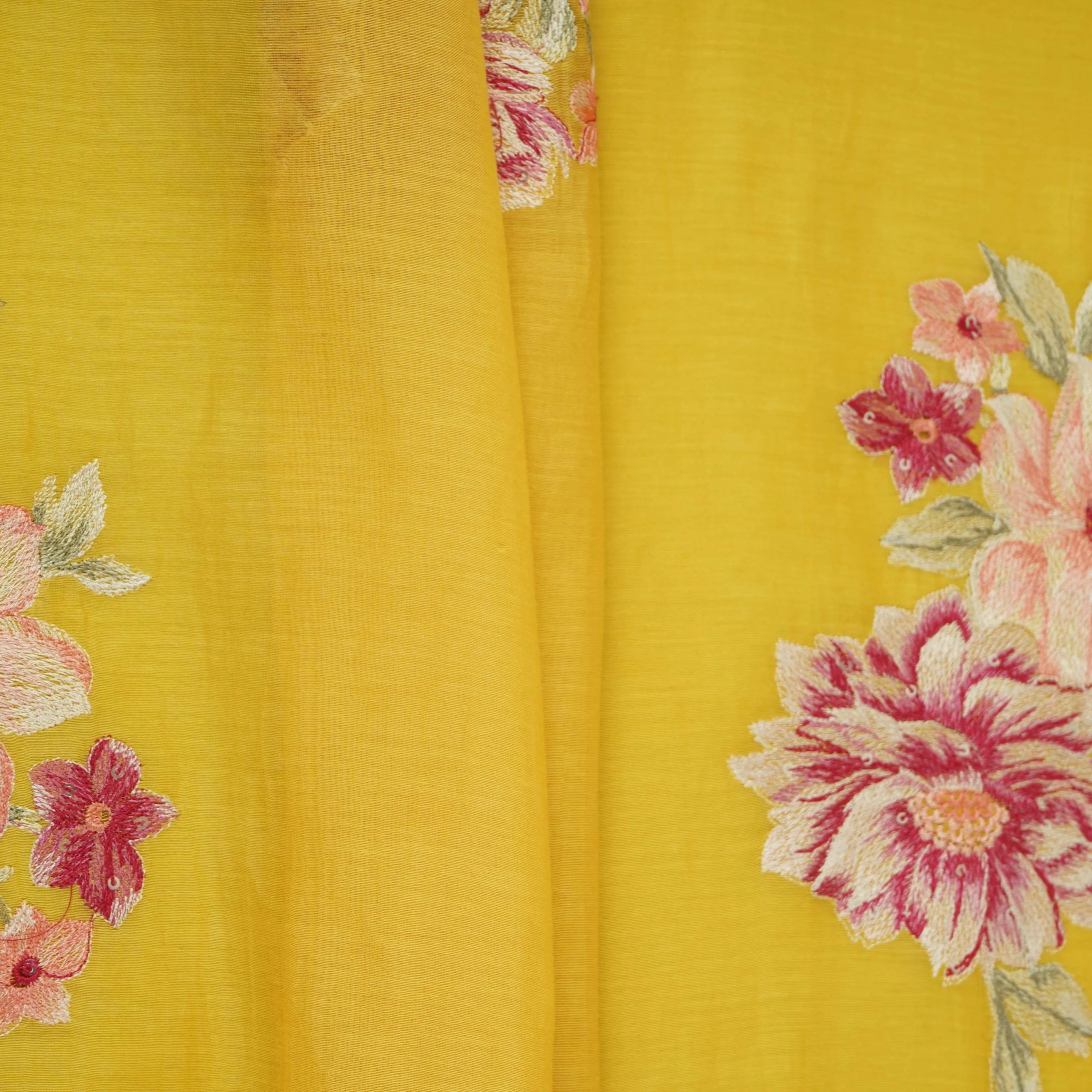 Yellow Floral Thread Embroidery Malai Chanderi Fabric SNTF-32428 - Image 5