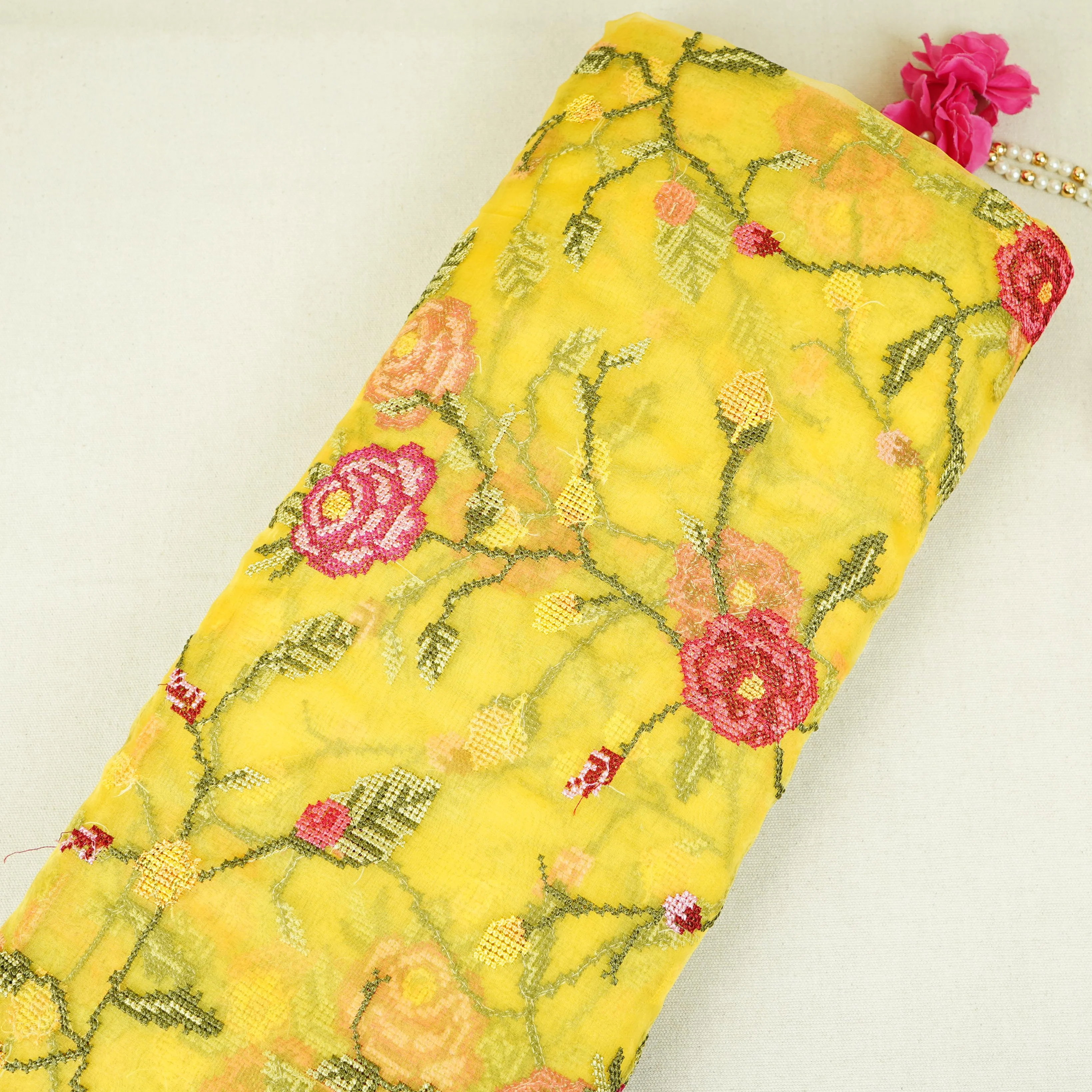 Yellow French Knot Embroidery Organza Fabric GTS-30499