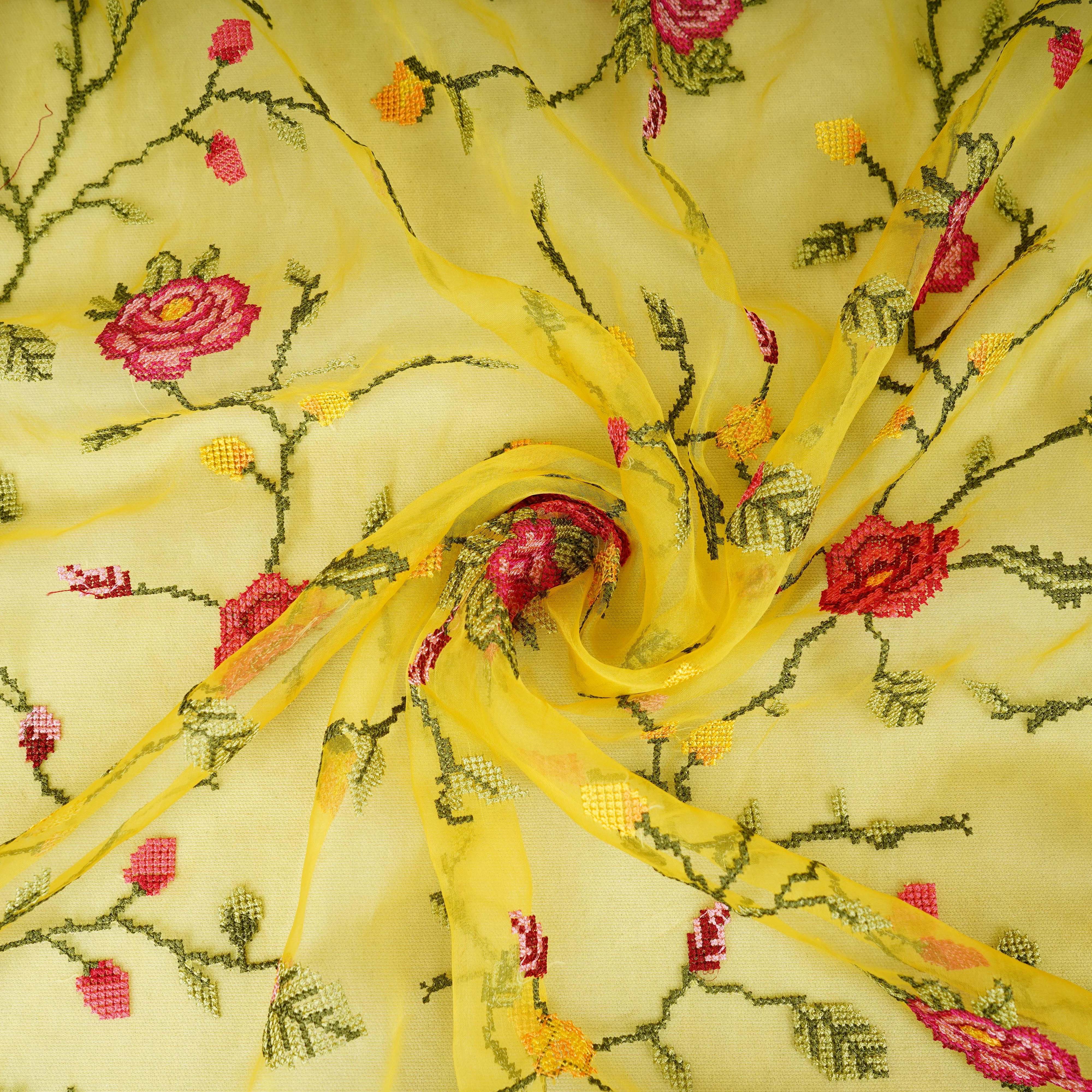 Yellow French Knot Embroidery Organza Fabric GTS-30499 - Image 3