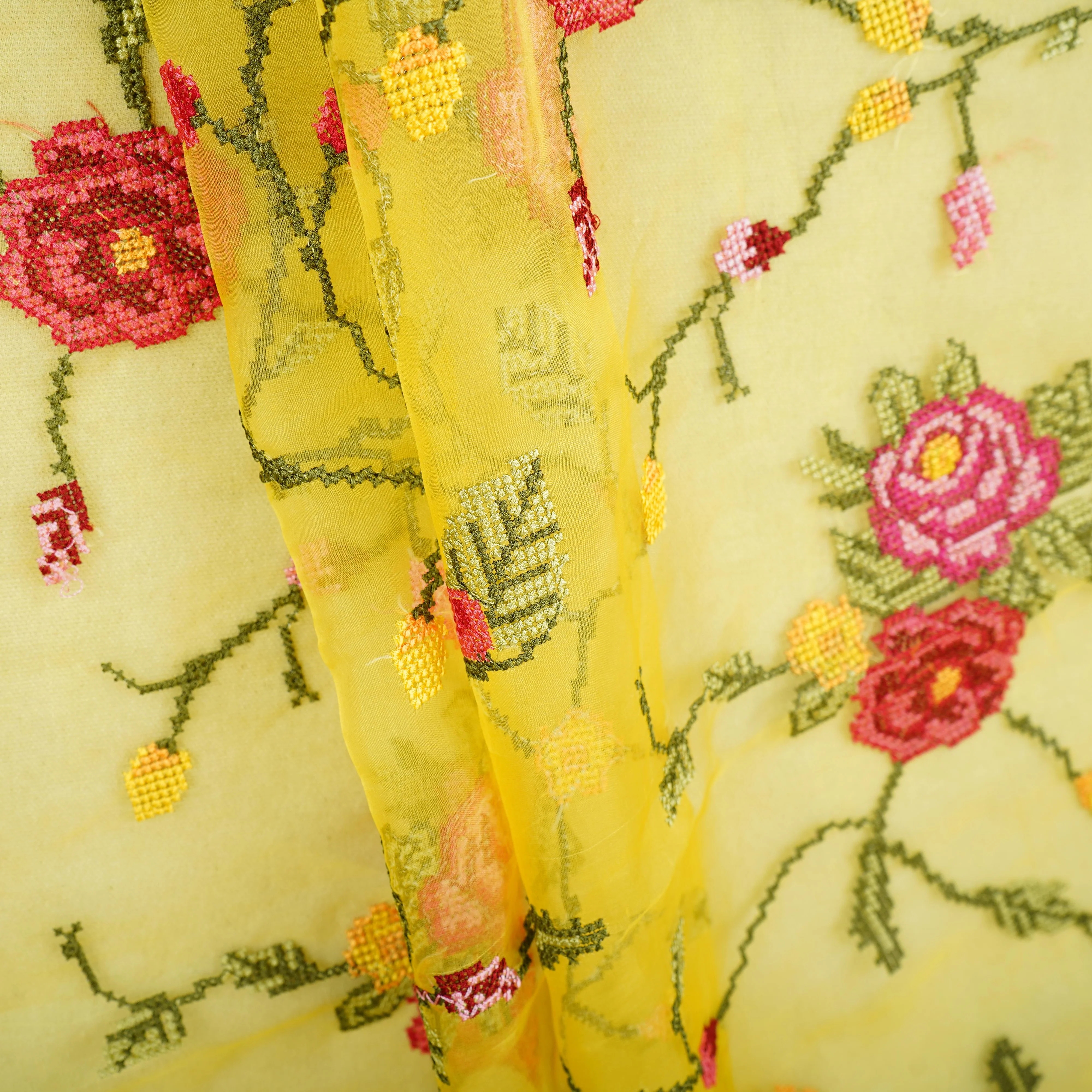 Yellow French Knot Embroidery Organza Fabric GTS-30499 - Image 4