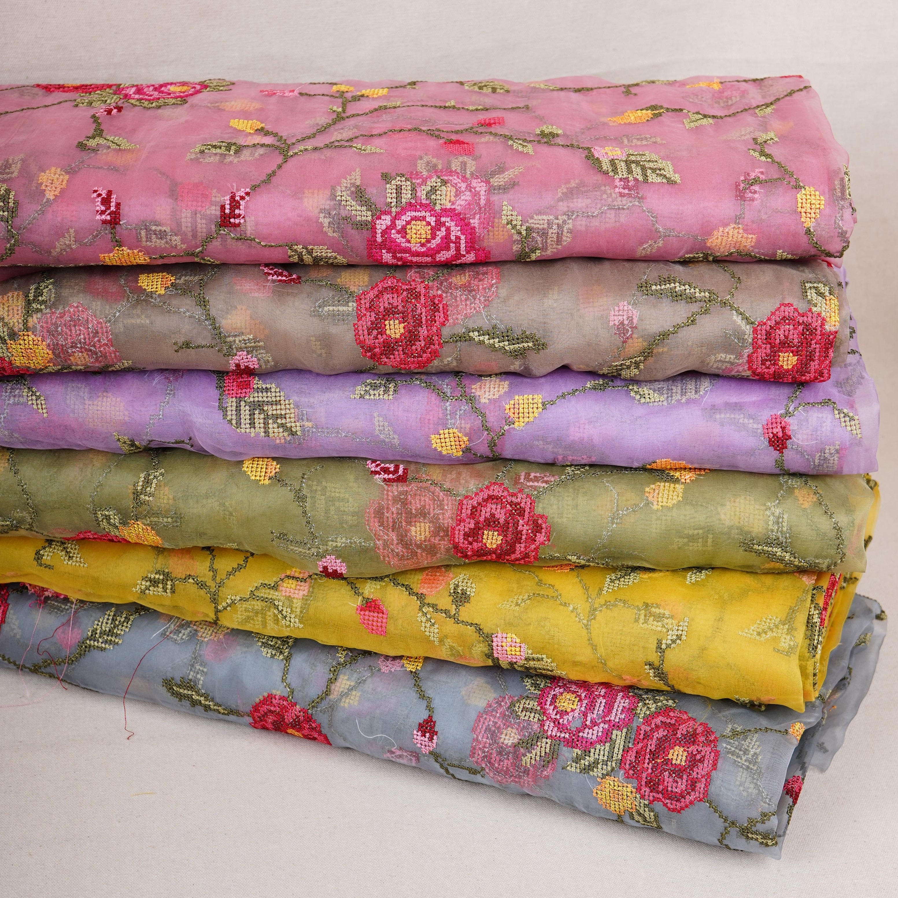 Yellow French Knot Embroidery Organza Fabric GTS-30499 - Image 5