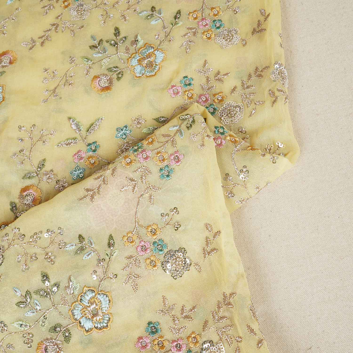 Yellow French knot Thread Embroidery Georgette Fabric RA-28216 - Image 2