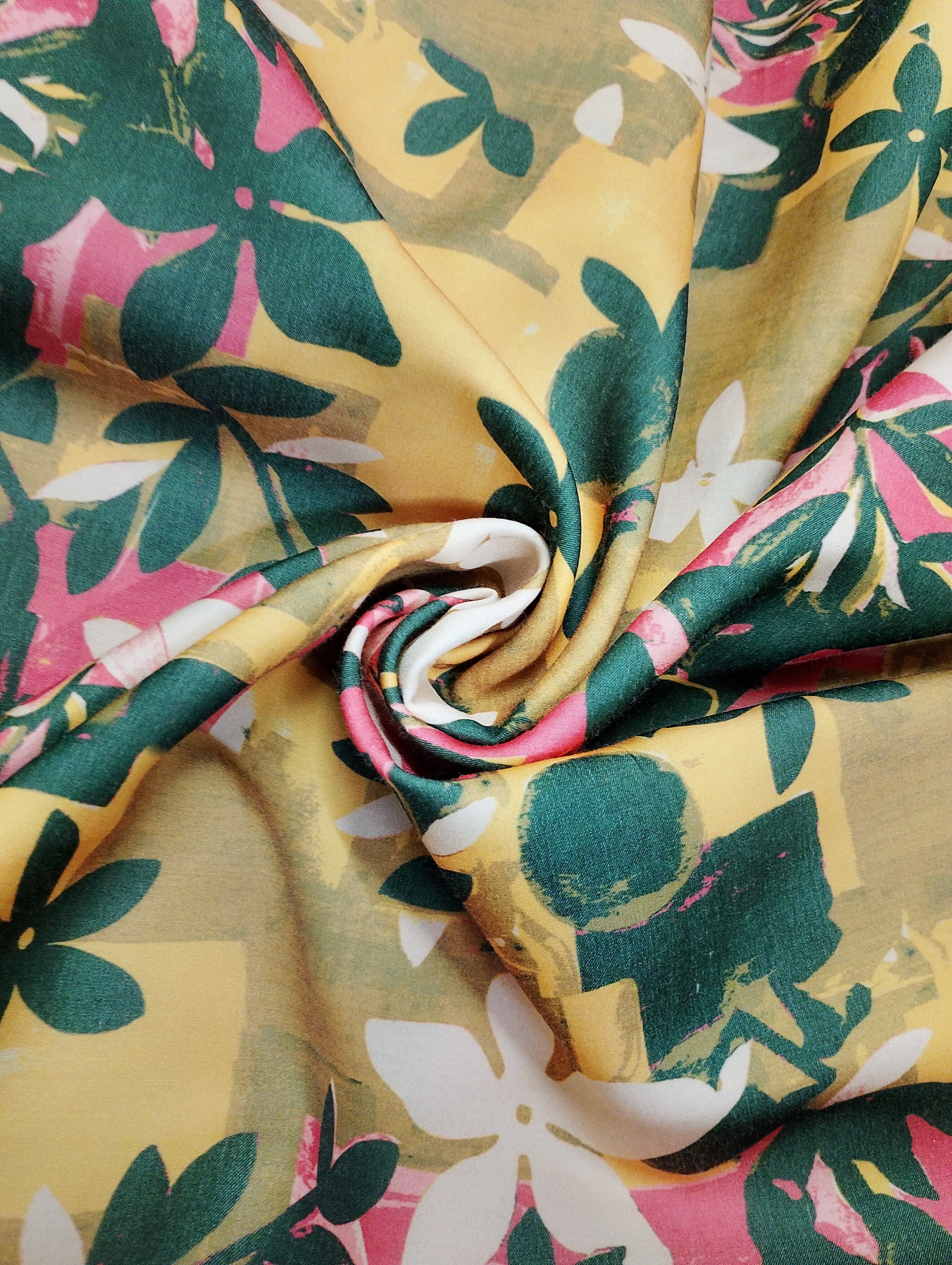 Yellow & Green Floral Print Cotton Satin Fabric