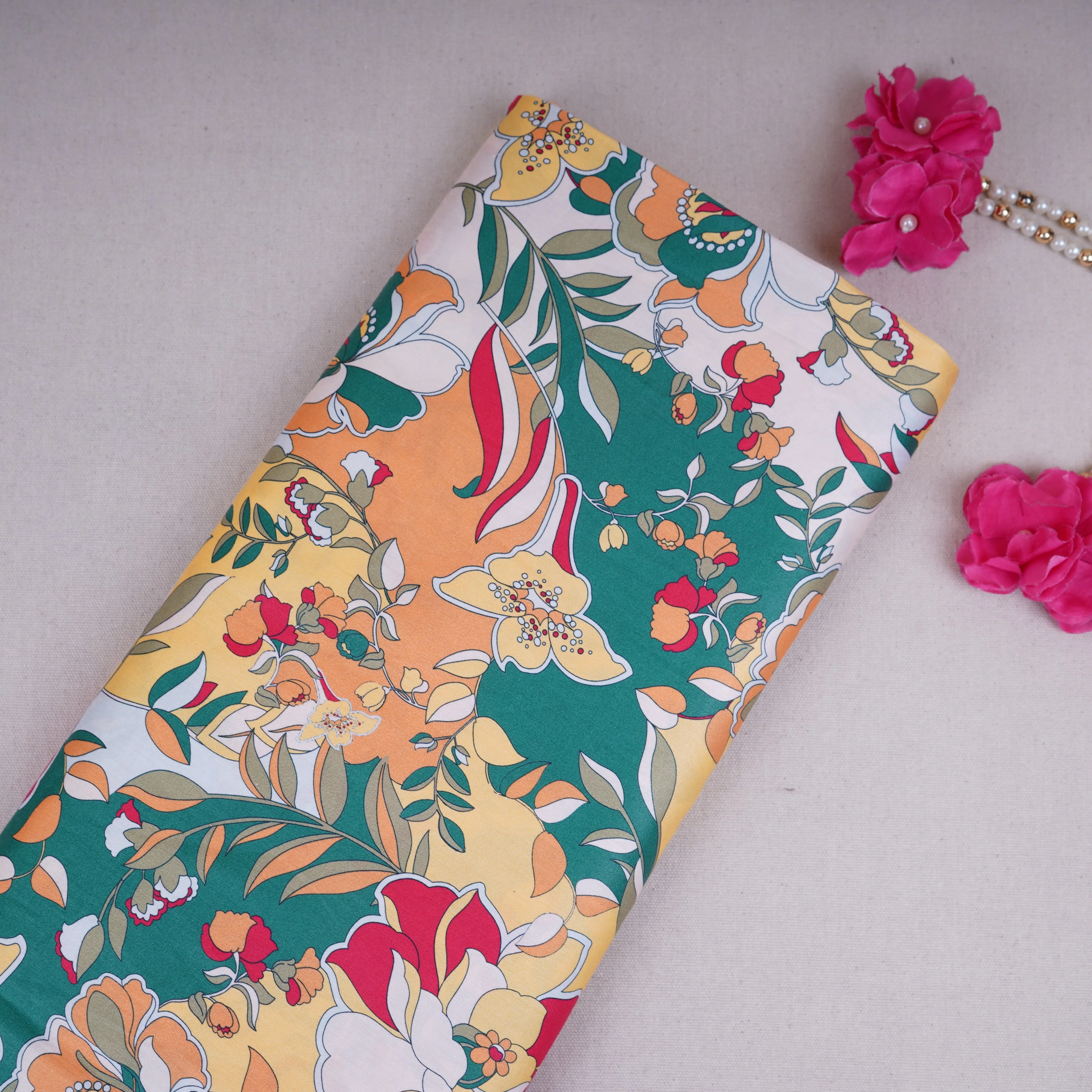 Yellow Green Floral Print Cotton Satin Fabric PG-30395