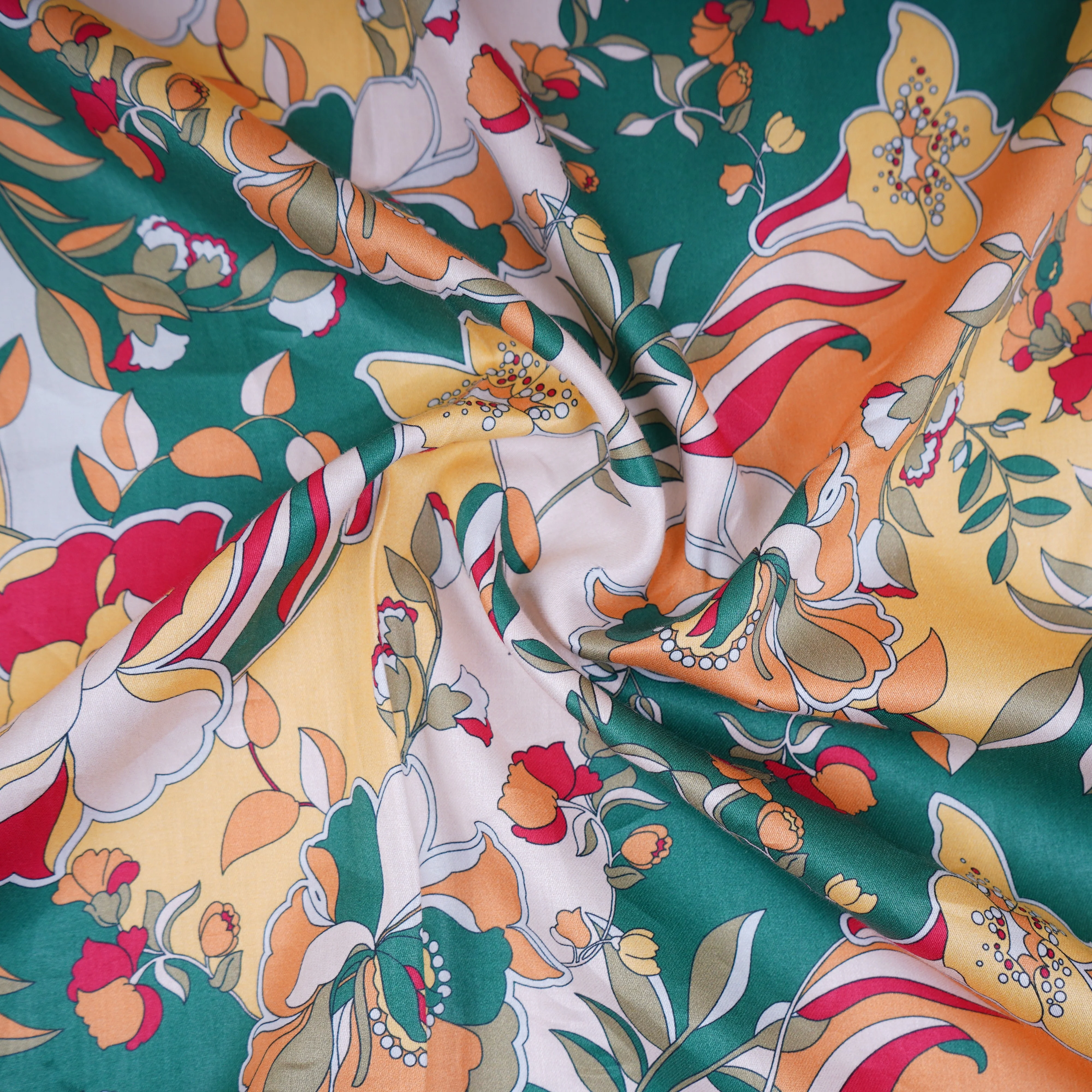 Yellow Green Floral Print Cotton Satin Fabric PG-30395 - Image 3