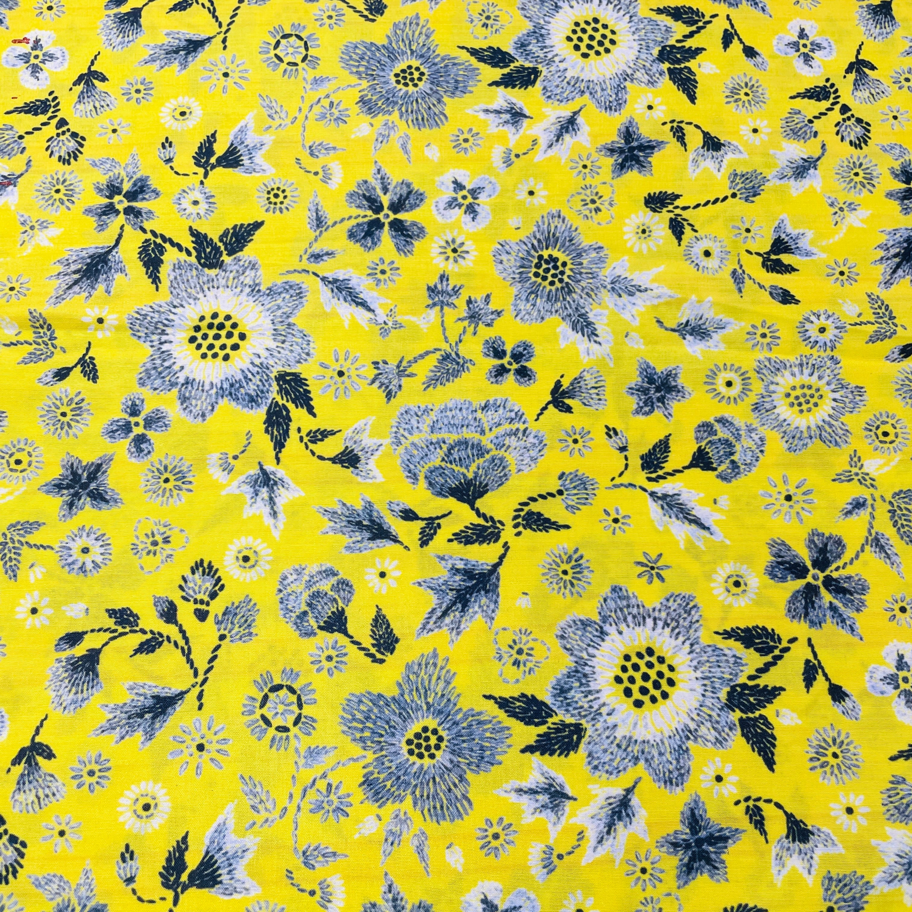 Yellow Grey Floral Print Muslin Fabric - Image 2