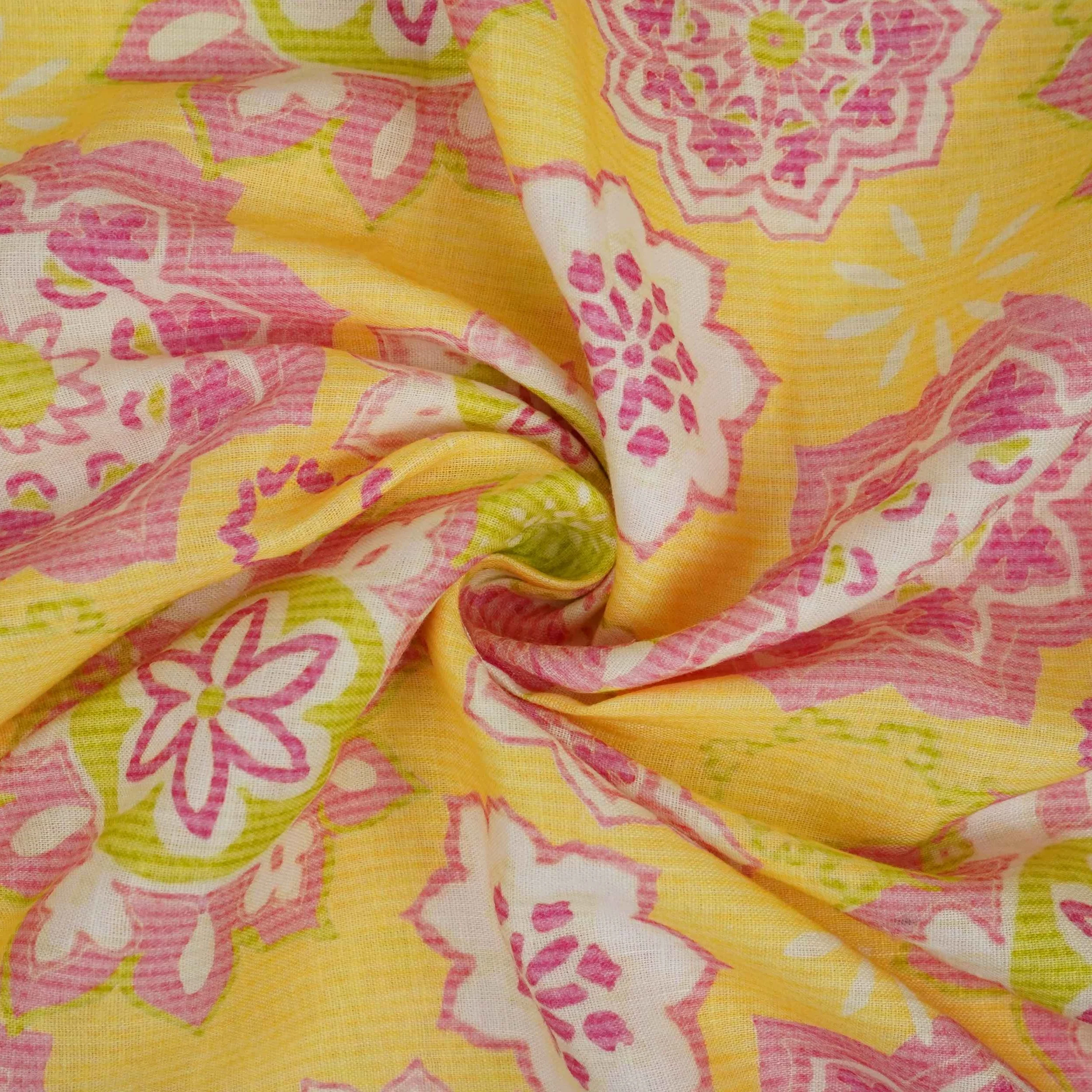 Yellow Mandala Floral print 40s Pure Linen Fabric VF-31360 - Image 3