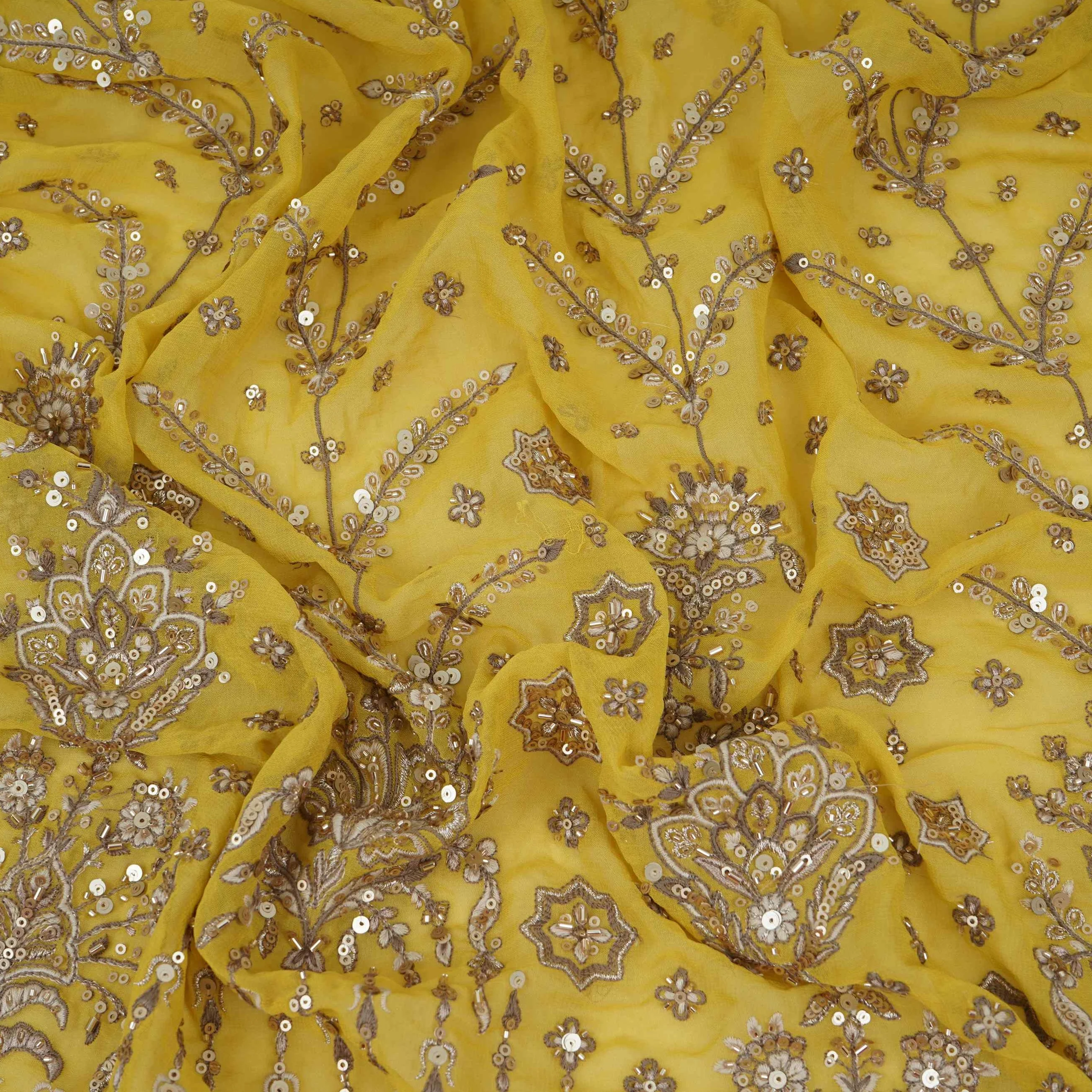 Yellow Mughal Bird & Floral Jaal Embroidery Georgette Fabric DR-32394 - Image 3