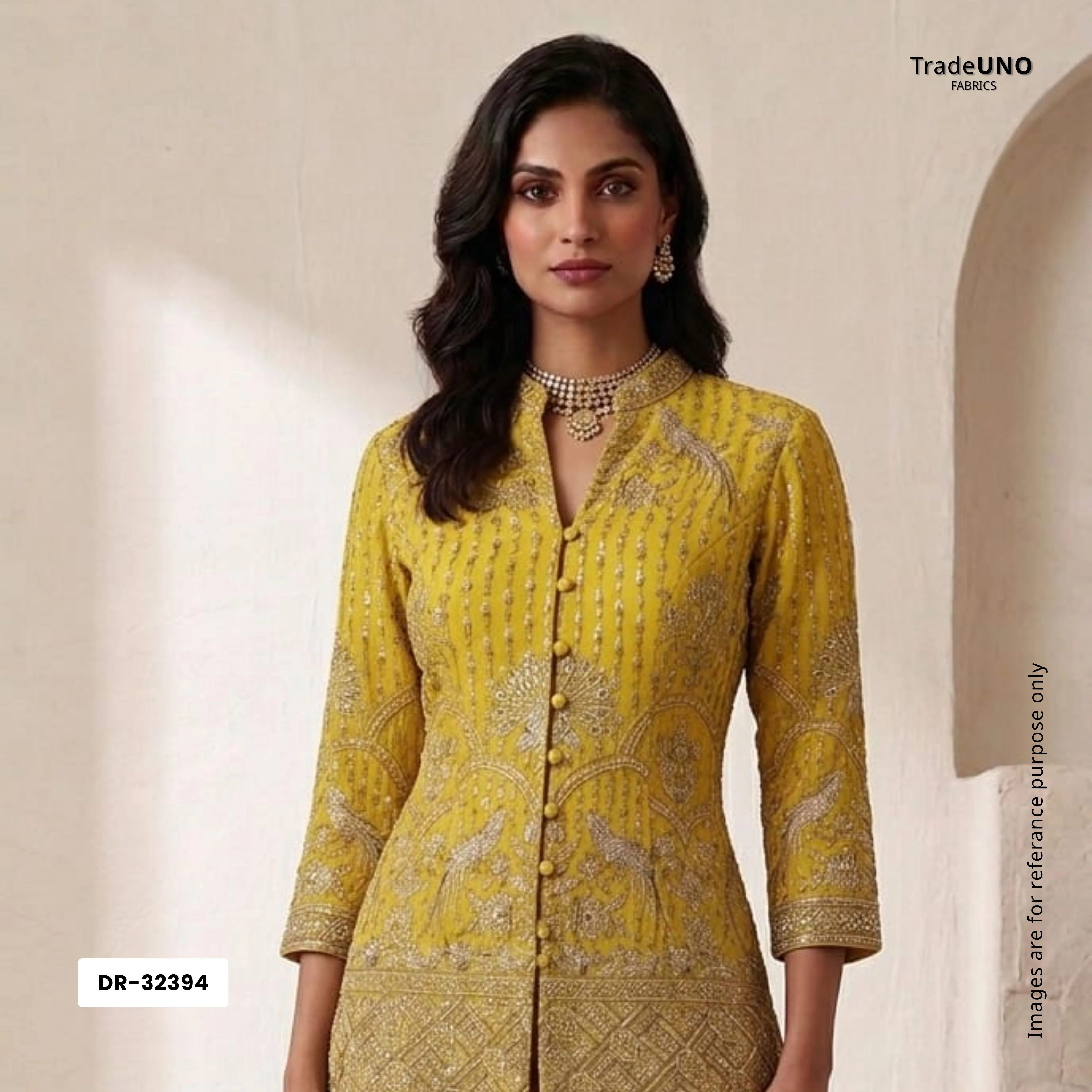 Yellow Mughal Bird & Floral Jaal Embroidery Georgette Fabric DR-32394 - Image 7