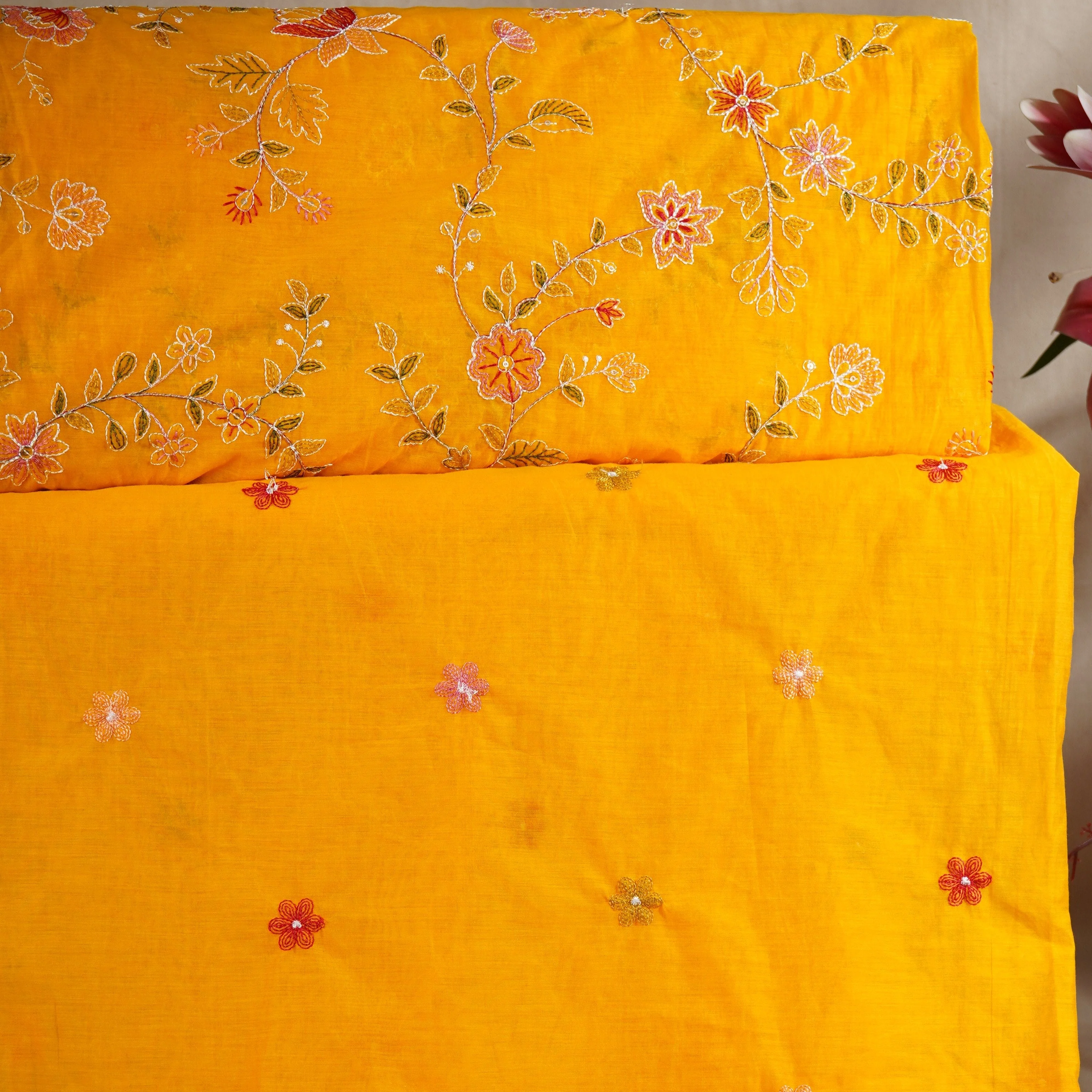 Yellow Mughal embroidery Mul Chanderi Fabric DC-29672 - Image 5